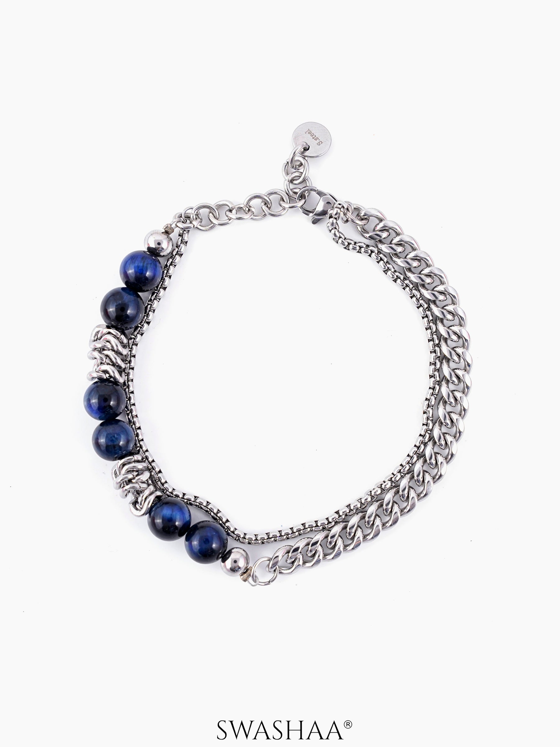 Victor Navy Beads Metallic Links Silver Men's Beaded Bracelet