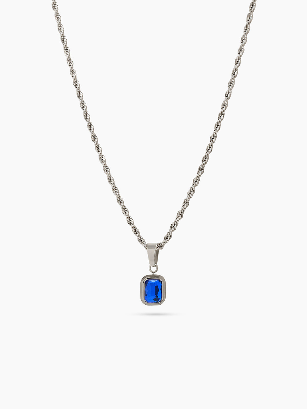 Vigor Blue Diamond Soliatire Silver Men's Rope Chain Pendant Necklace