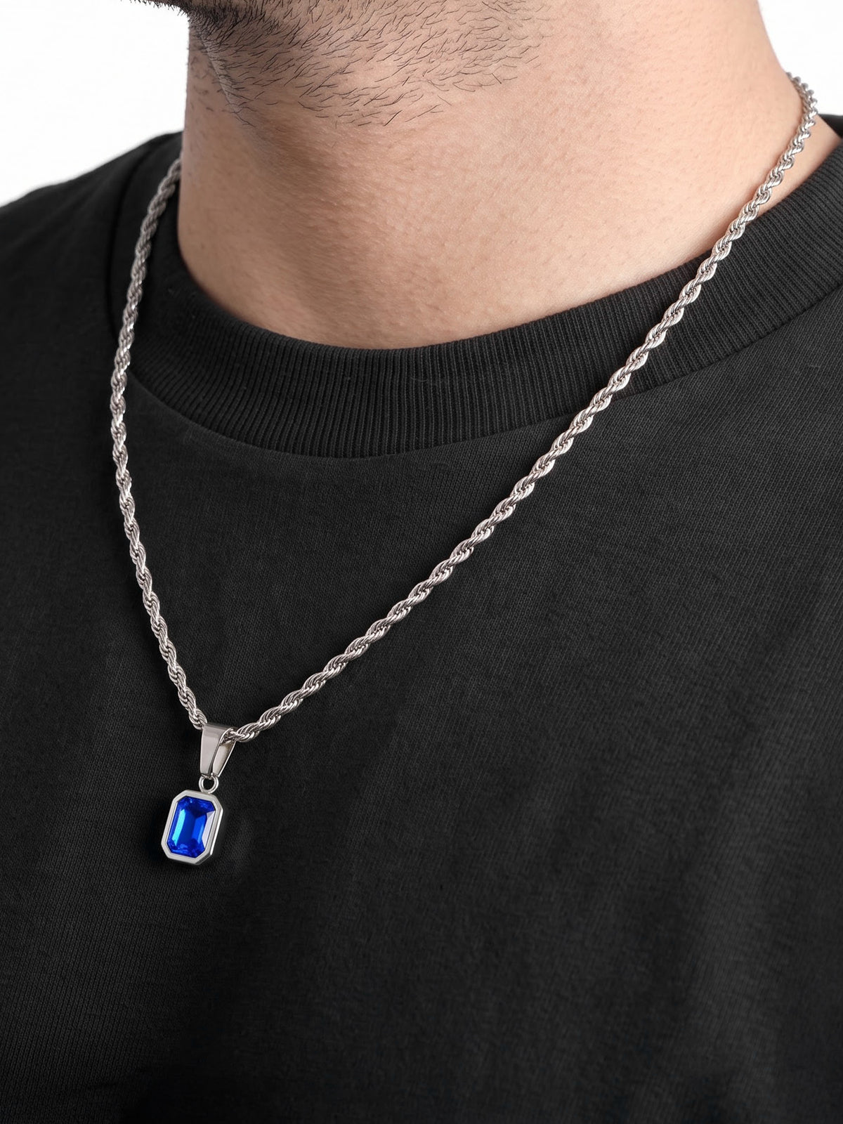 Vigor Blue Diamond Soliatire Silver Men's Rope Chain Pendant Necklace
