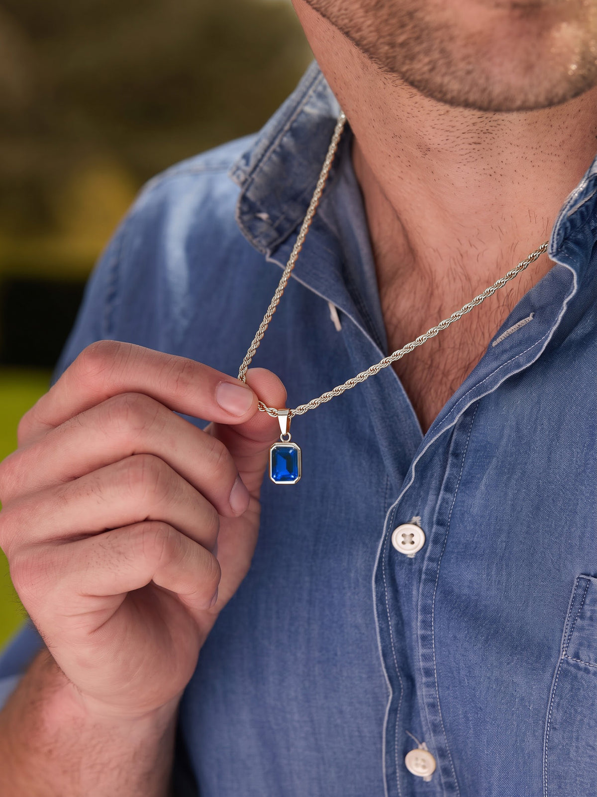 Vigor Blue Diamond Soliatire Silver Men's Rope Chain Pendant Necklace