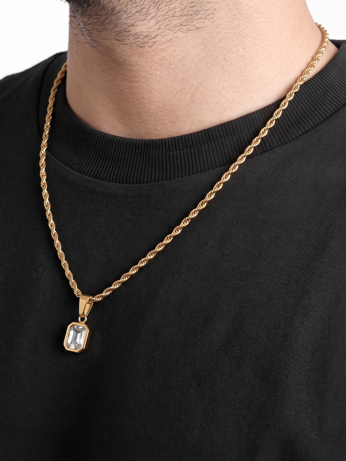 Vigor Diamond Solitaire 18K Gold Plated Men's Rope Chain Pendant Necklace