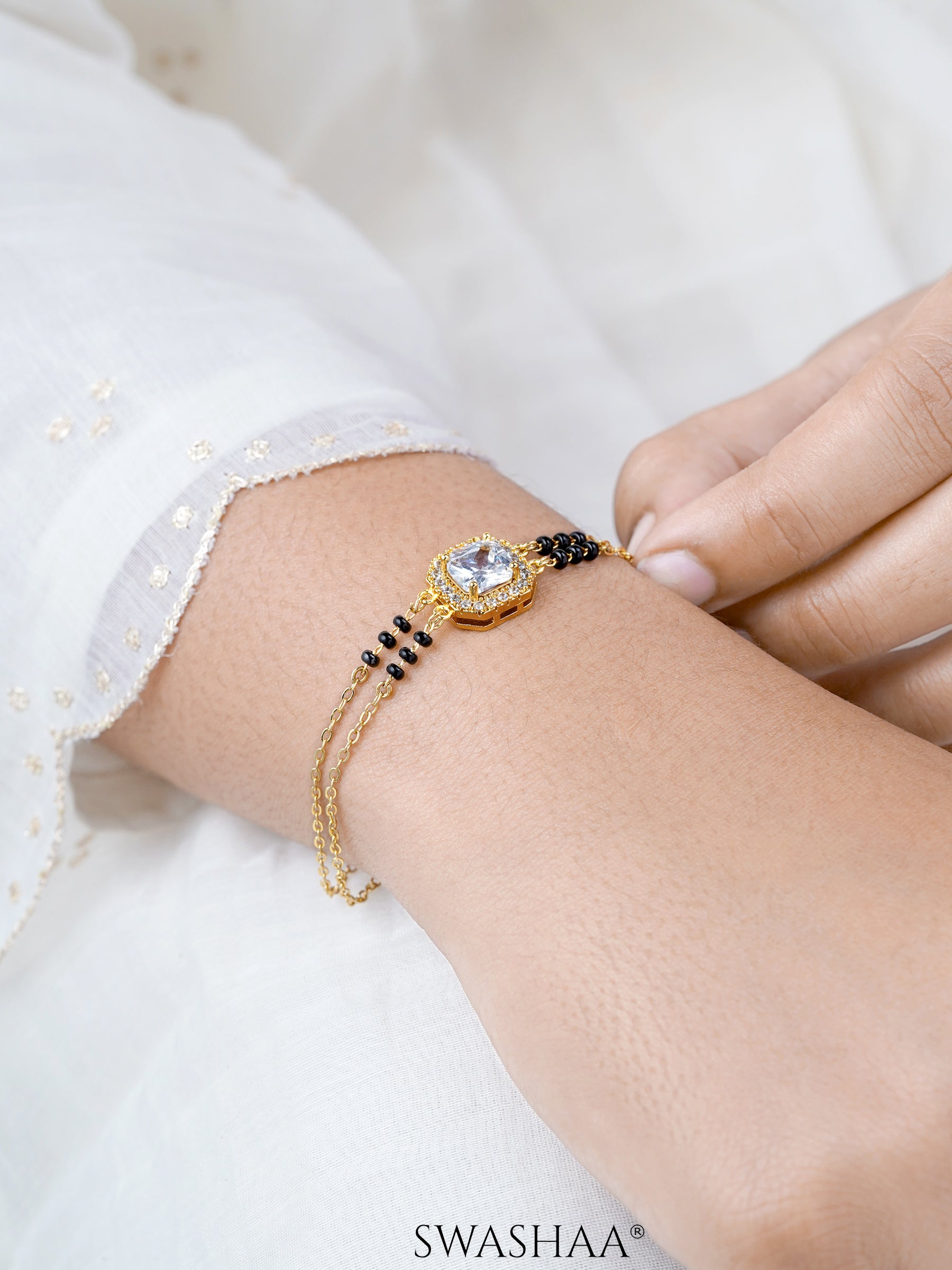 Viyana Solitaire Halo Layered 18K Gold Plated Mangalsutra Bracelet