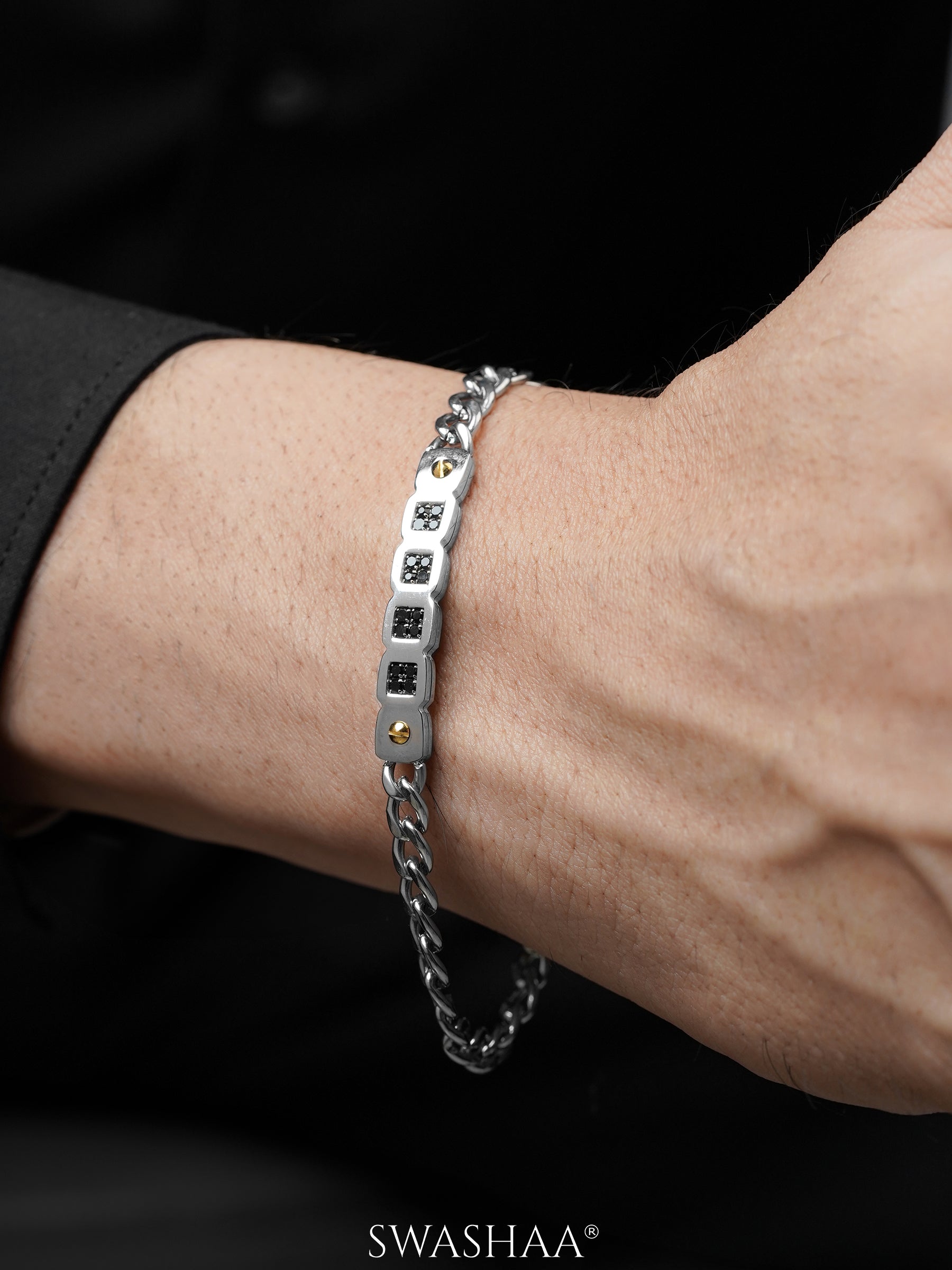 Wels Black Stone Blocks Silver Men's Chain Bracelet