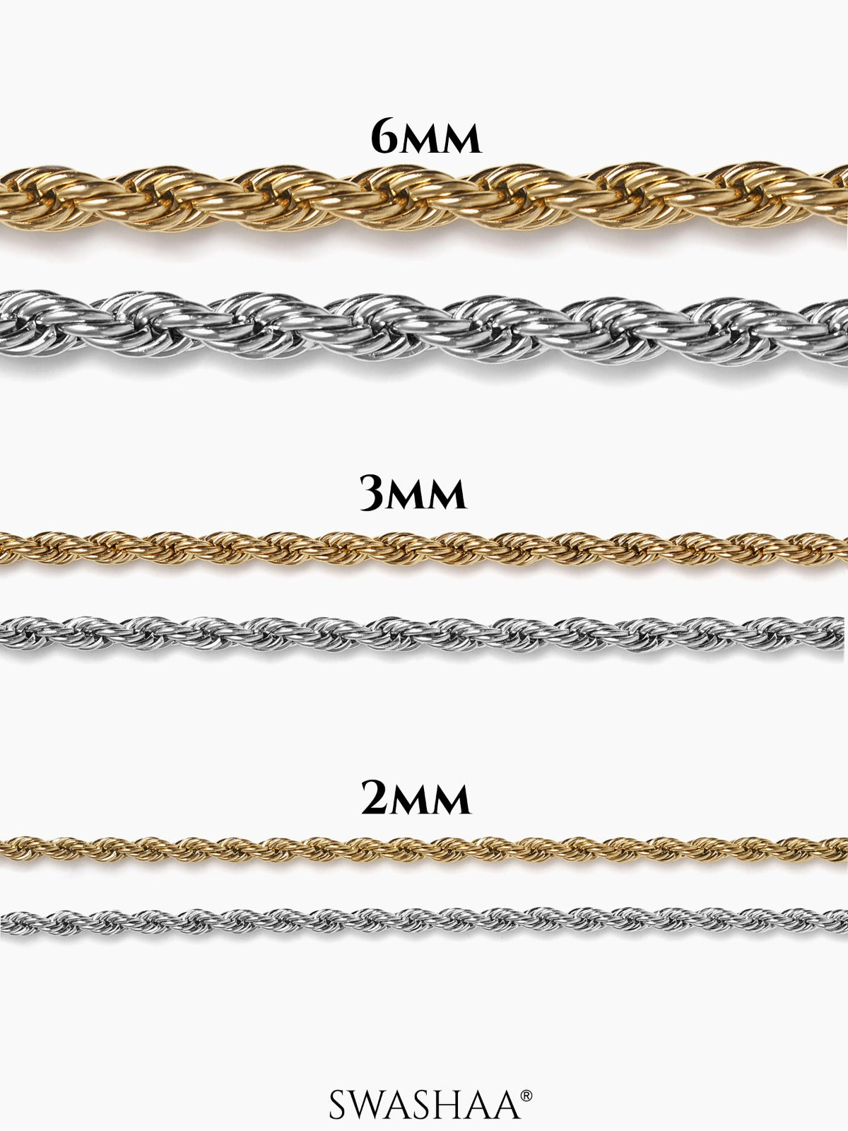 Rope Chain 2 MM-3 MM-6 MM-Silver-2 MM-3 MM-6 MM-!8K Gold Plated Men's Bracelet