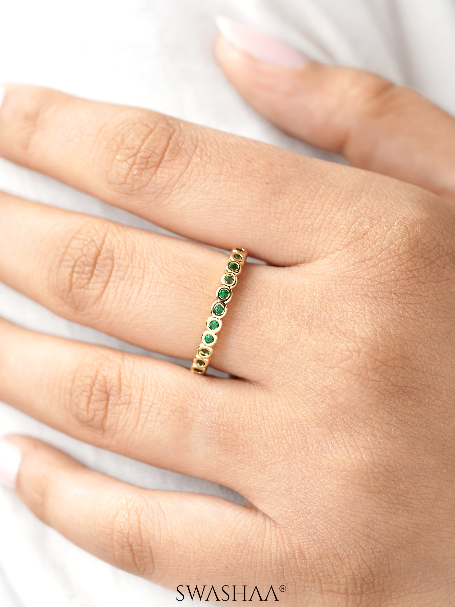 Wisha Band Green Emerald Diamonds Adjustable 18K Gold Plated Ring