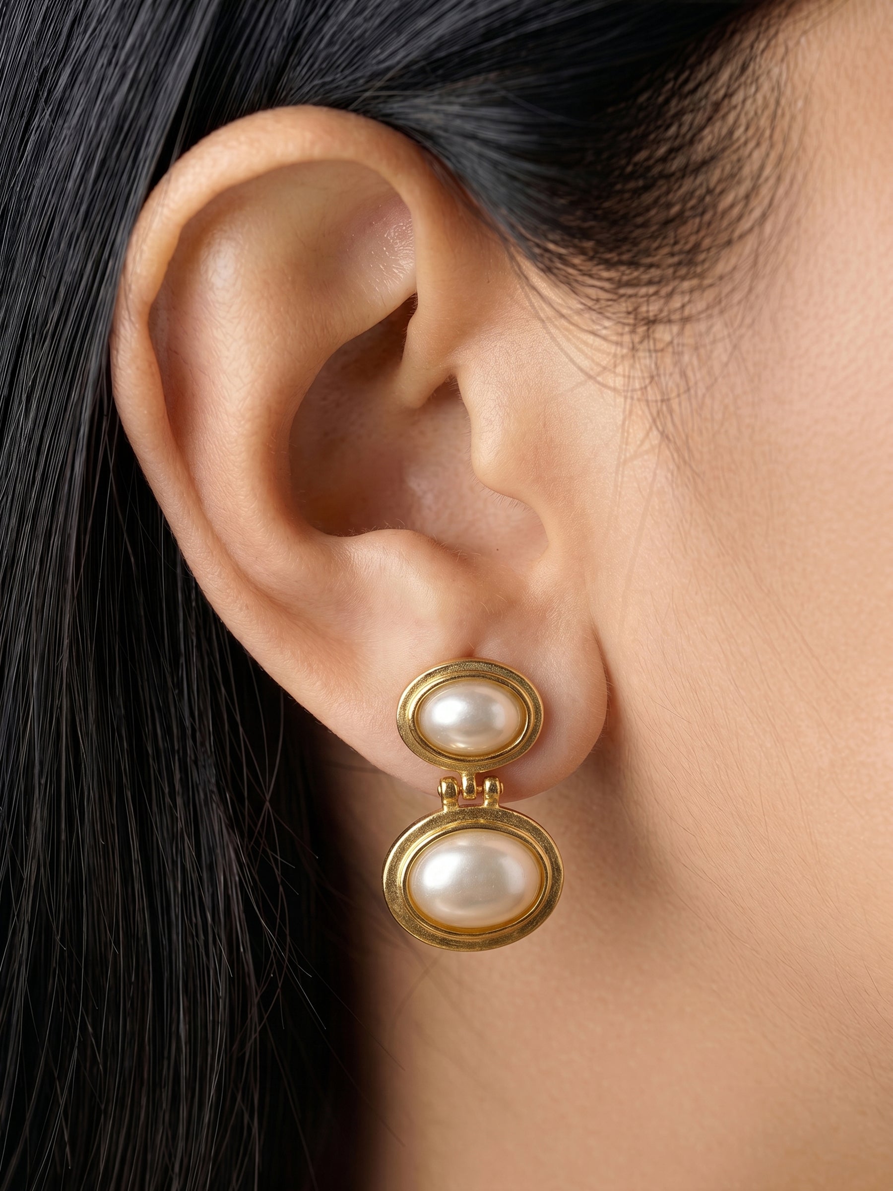 Althea Oval Pearl Drop Dangling 18K Gold Plated Women's Stud Earrings