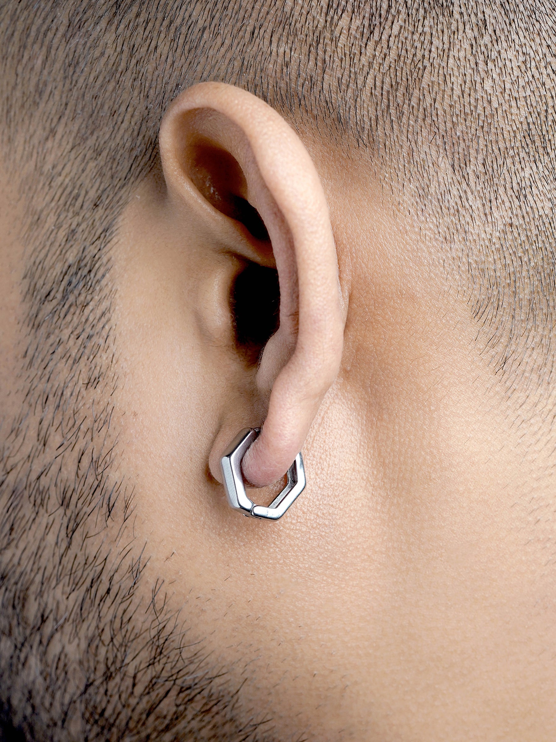 Zane Hexagon Silver Men's Hoop Earrings