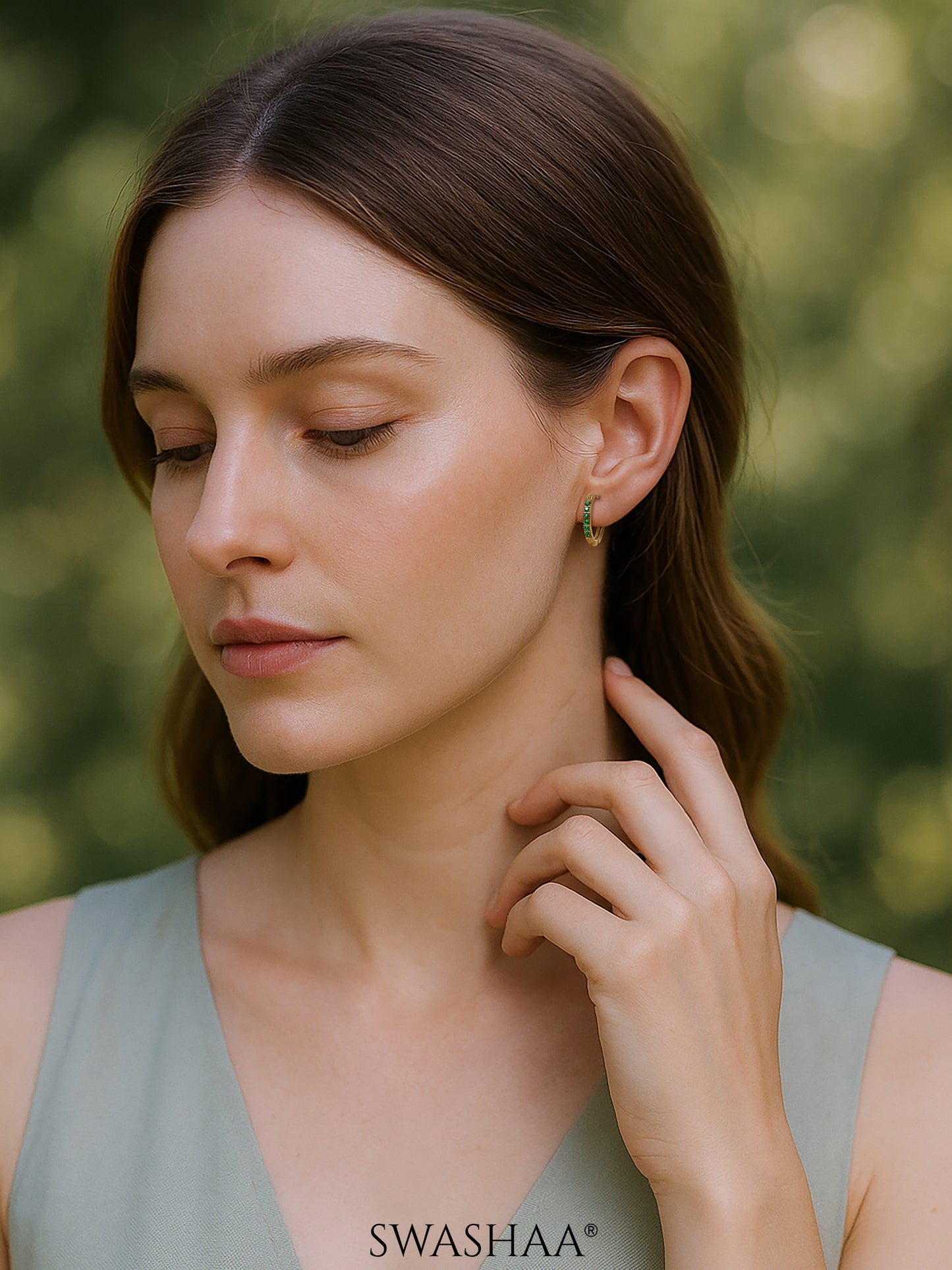 Zareen Green Stone 18K Gold Plated Hoop Earrings