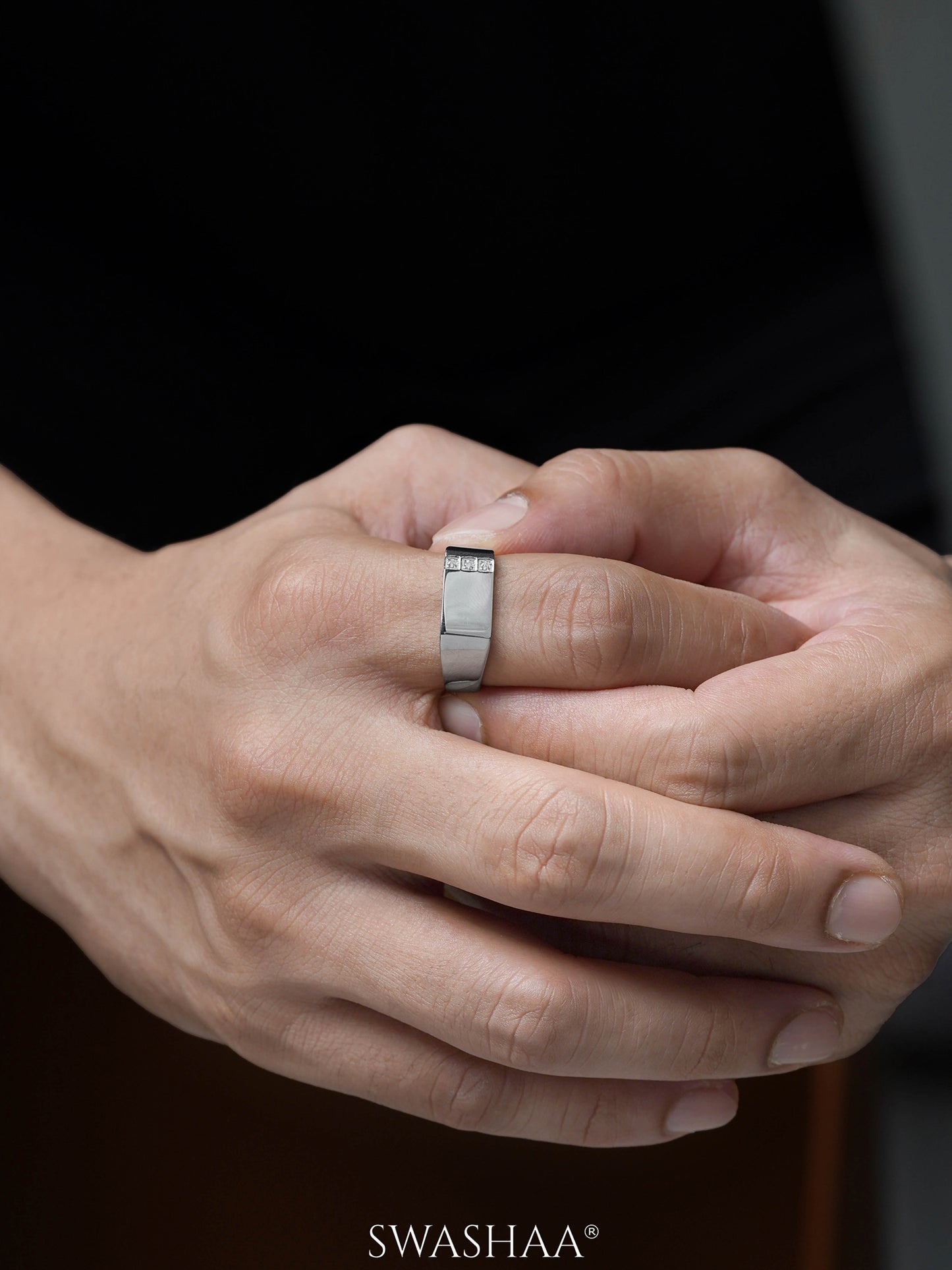 Zayen Diamond CZ Diamond Signet Rectangular Band Men's Ring