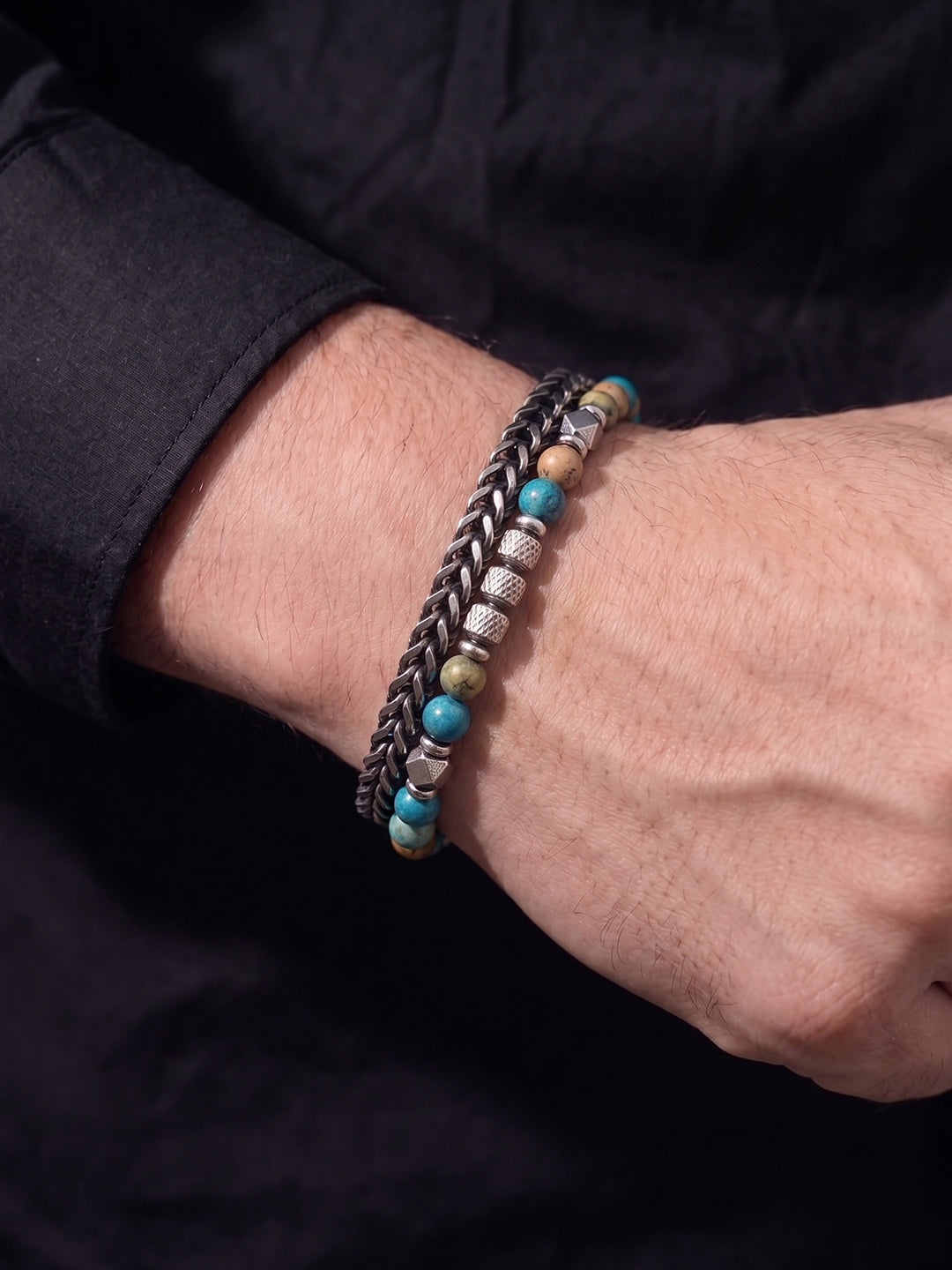 Zayron Beaded Black-Silver Men’s Chain Bracelet - Swashaa