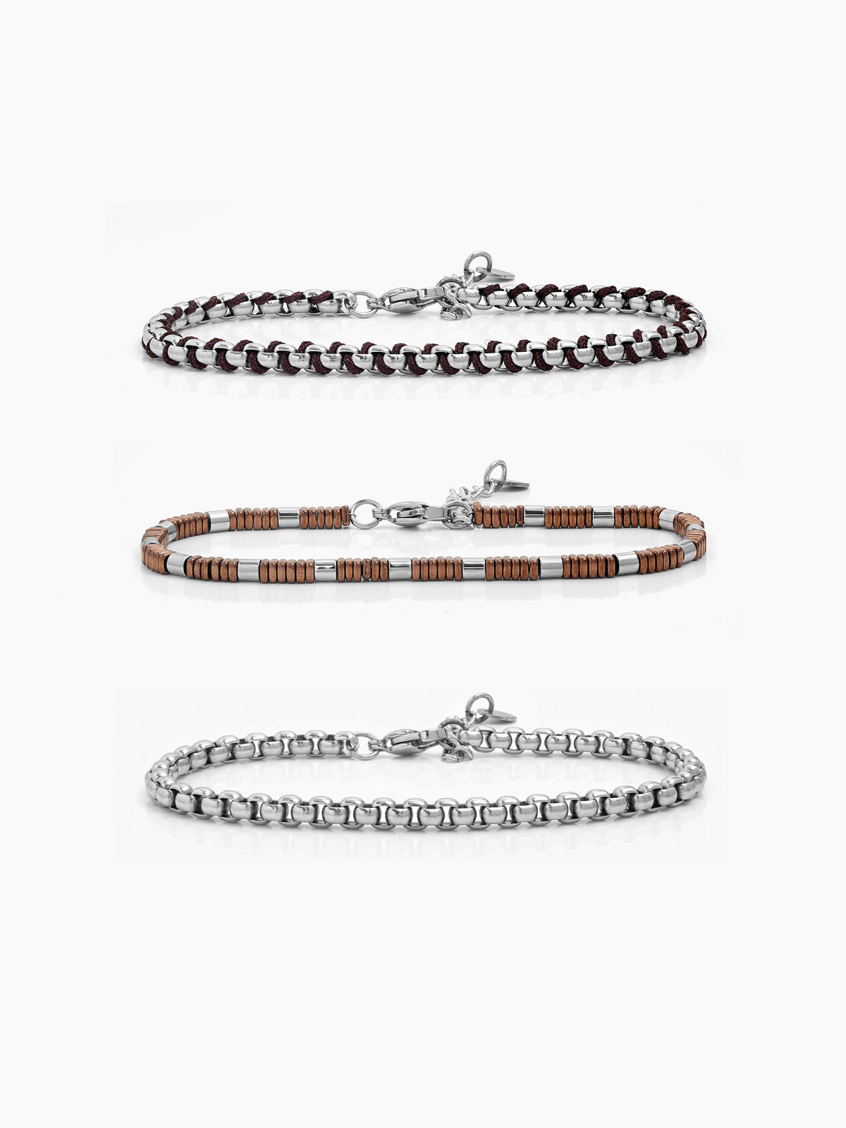 Zevoria Round Box Link Chain Brown - Silver Men's Loose Chain Bracelet Set