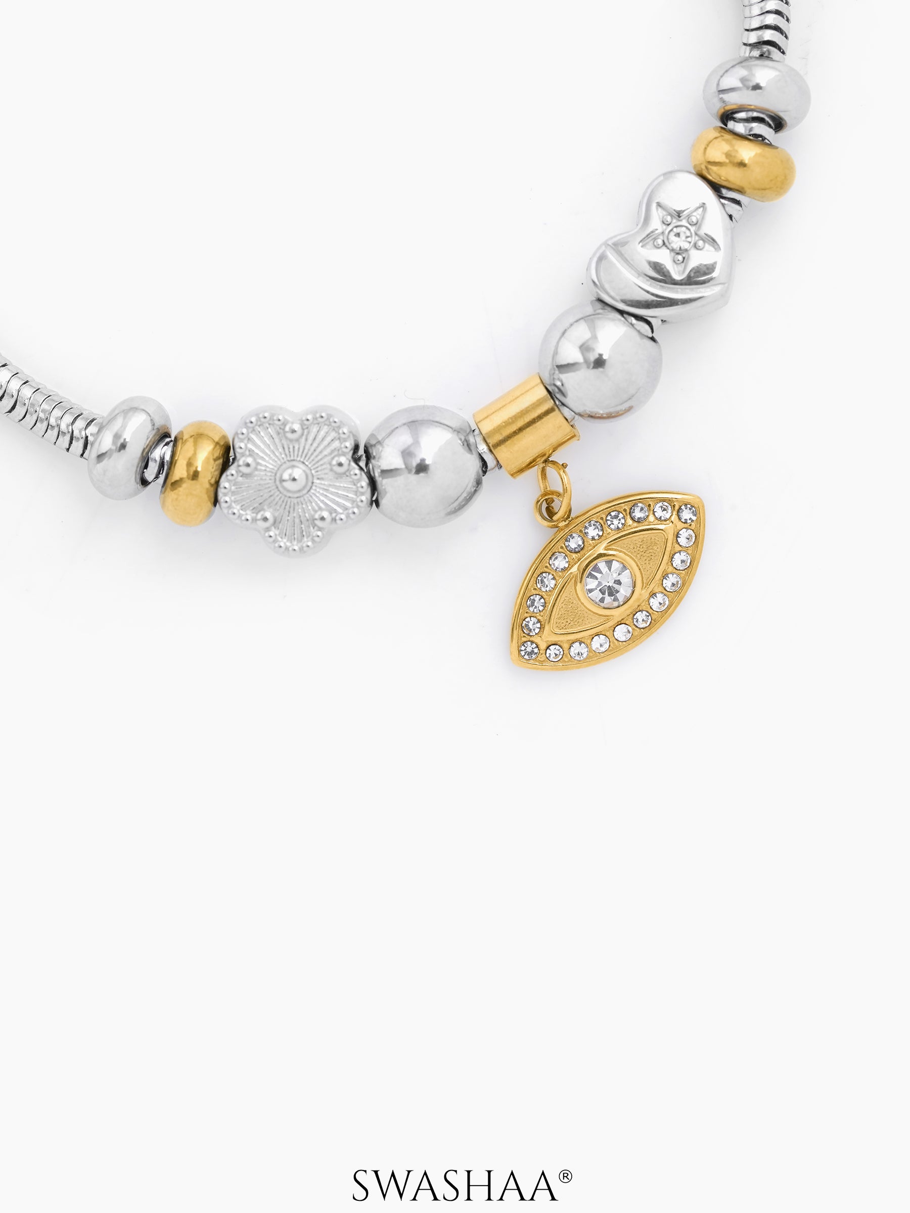 Ziaa Dangling Two-tone Flower Heart Evil Eye Charm Beads Rope Loose Bracelet