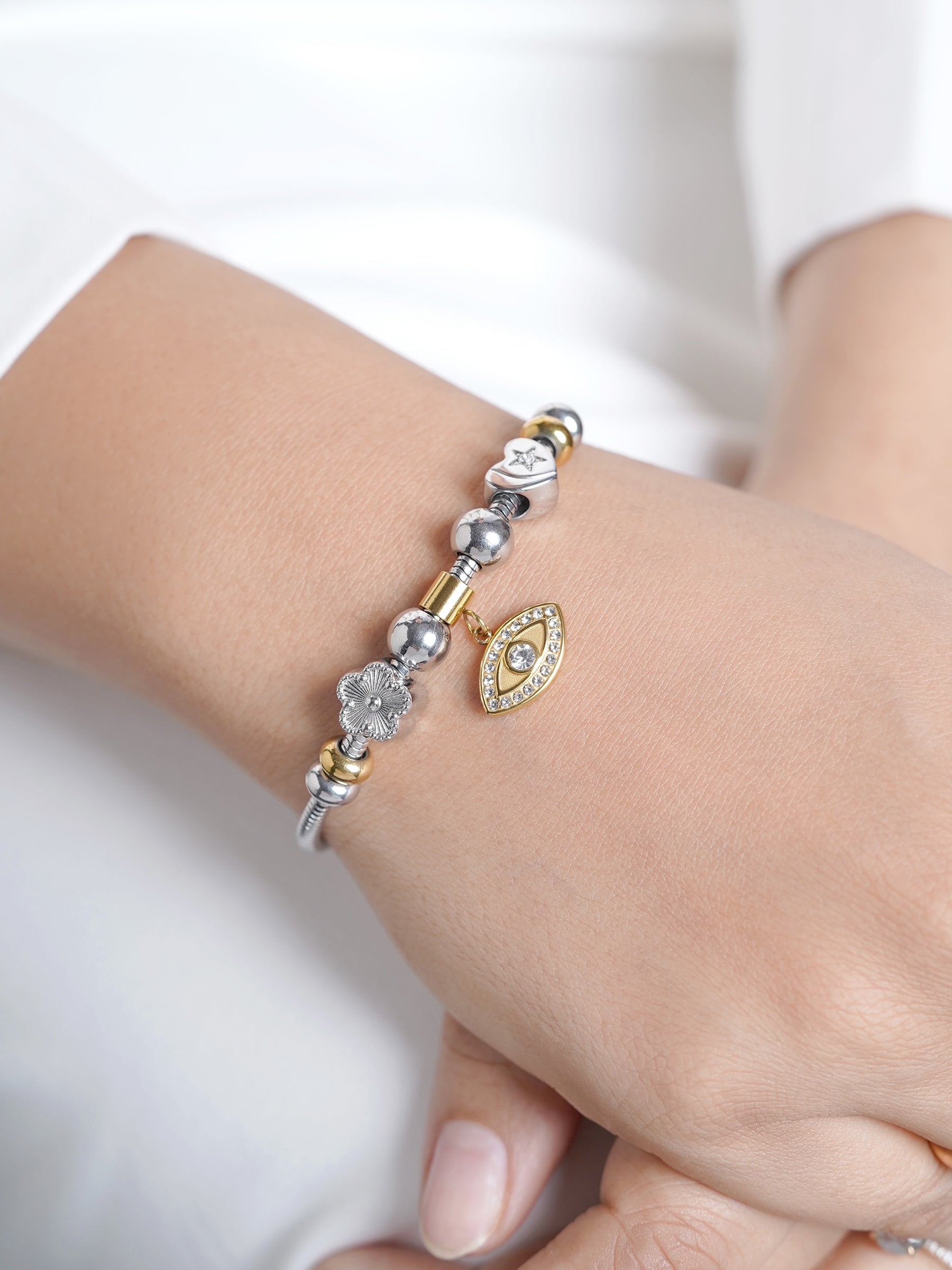 Ziaa Dangling Two-tone Flower Heart Evil Eye Charm Beads Rope Loose Bracelet