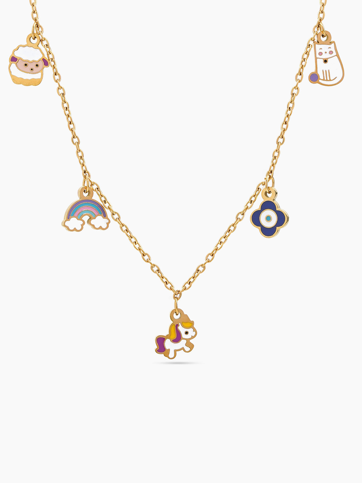 Ziggy Zoo Unicorn,kitty, Cat,Ship,Evil Eye,Clover, Rainbow Charms 18K Gold Plated Kid's Chain Pendant Necklaces
