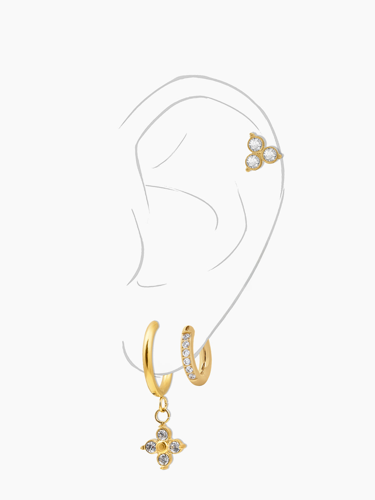 Zinia Diamond Floral Drop Charm 18K Gold Plated Earrings Set