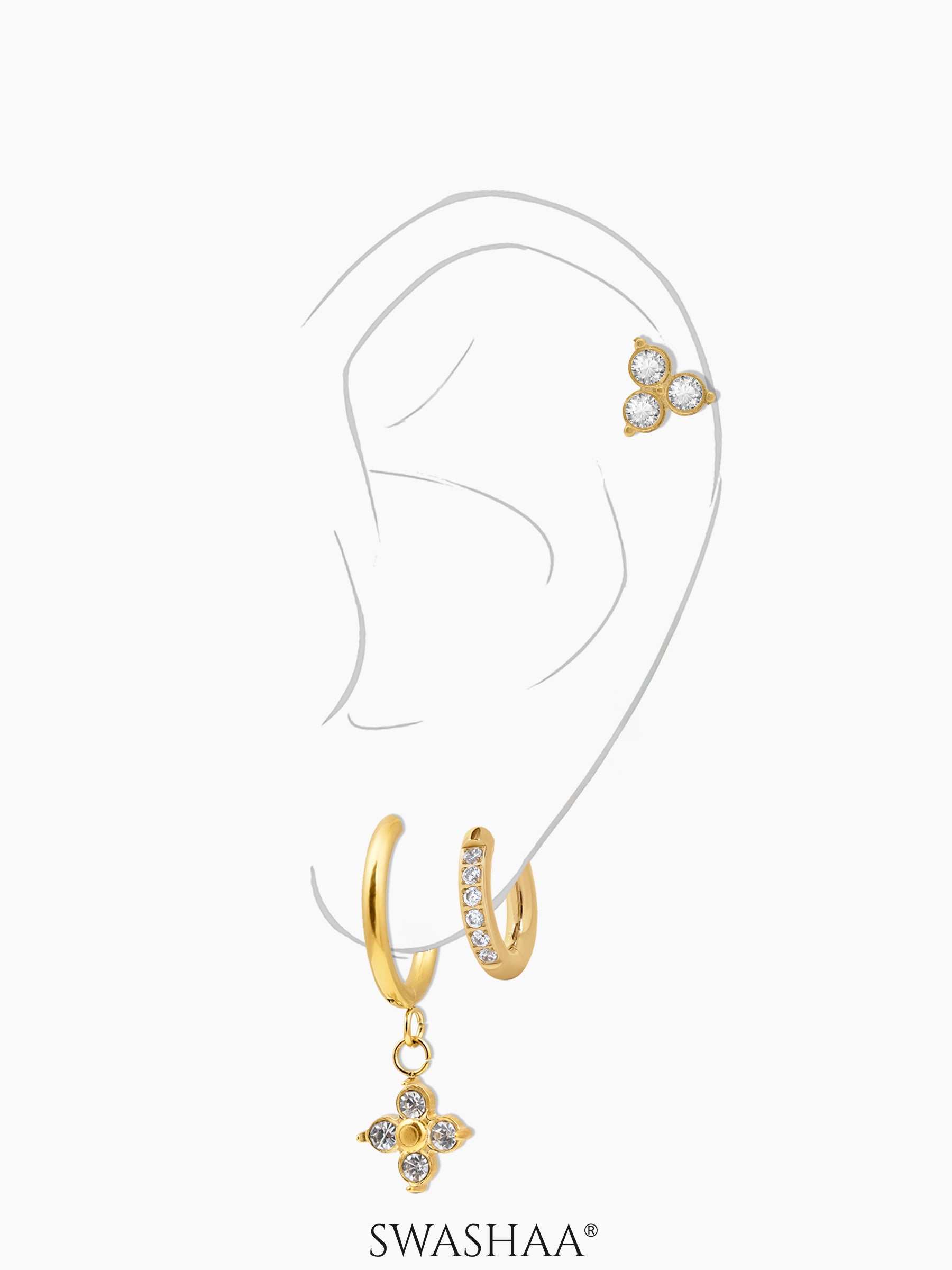 Zinia Diamond Floral Drop Charm 18K Gold Plated Earrings Set