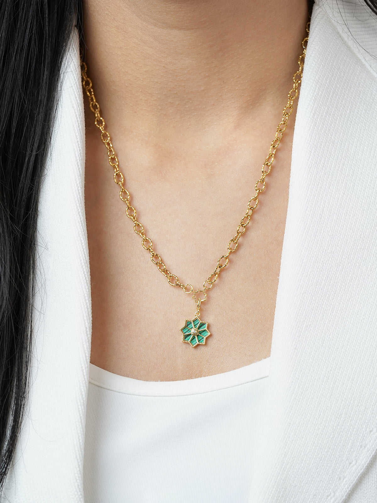 Zinnia Green Jade Blossom Charm 18K Gold Plated Chain Pendant Necklace