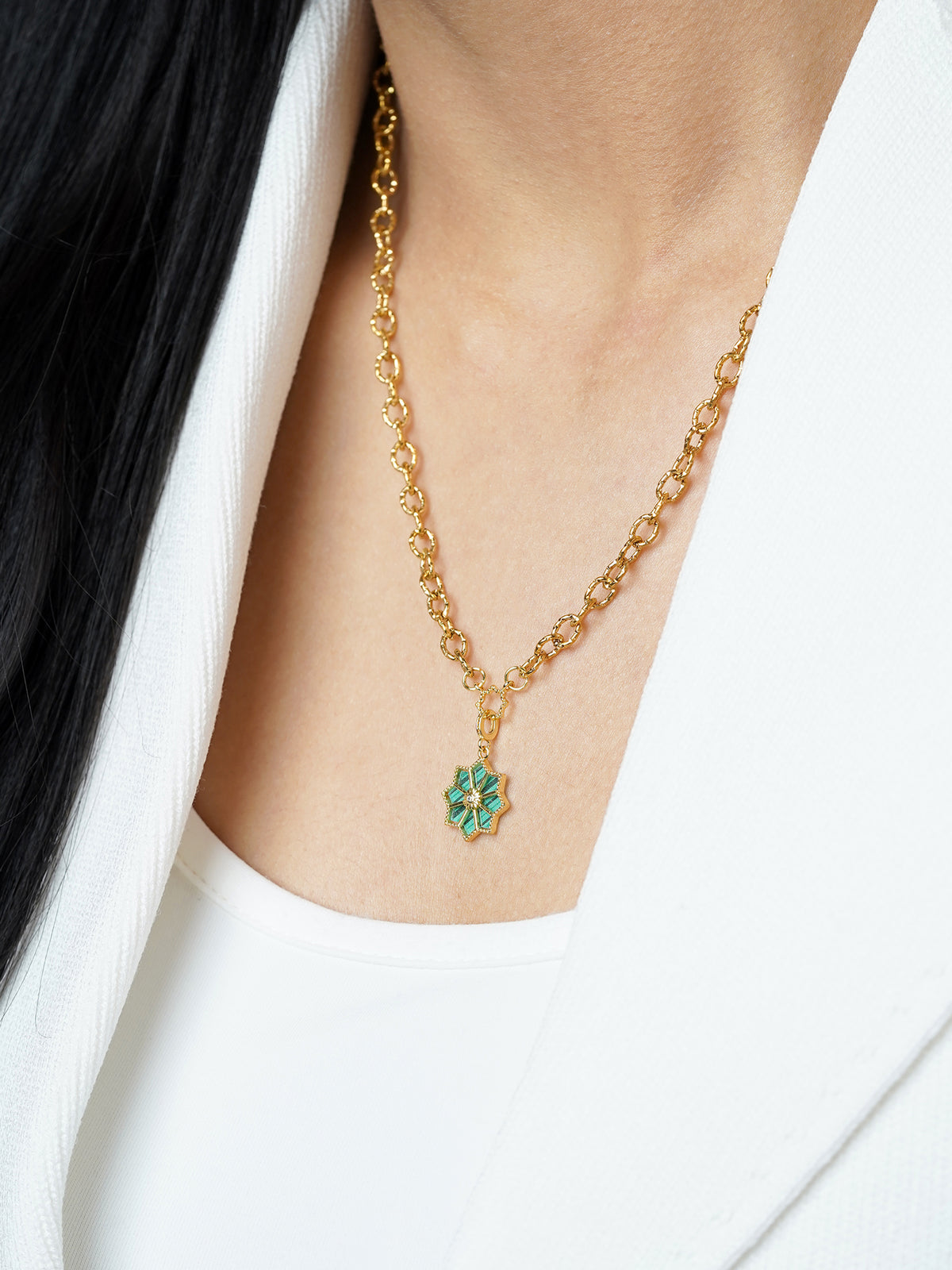 Zinnia Green Jade Blossom Charm 18K Gold Plated Chain Pendant Necklace