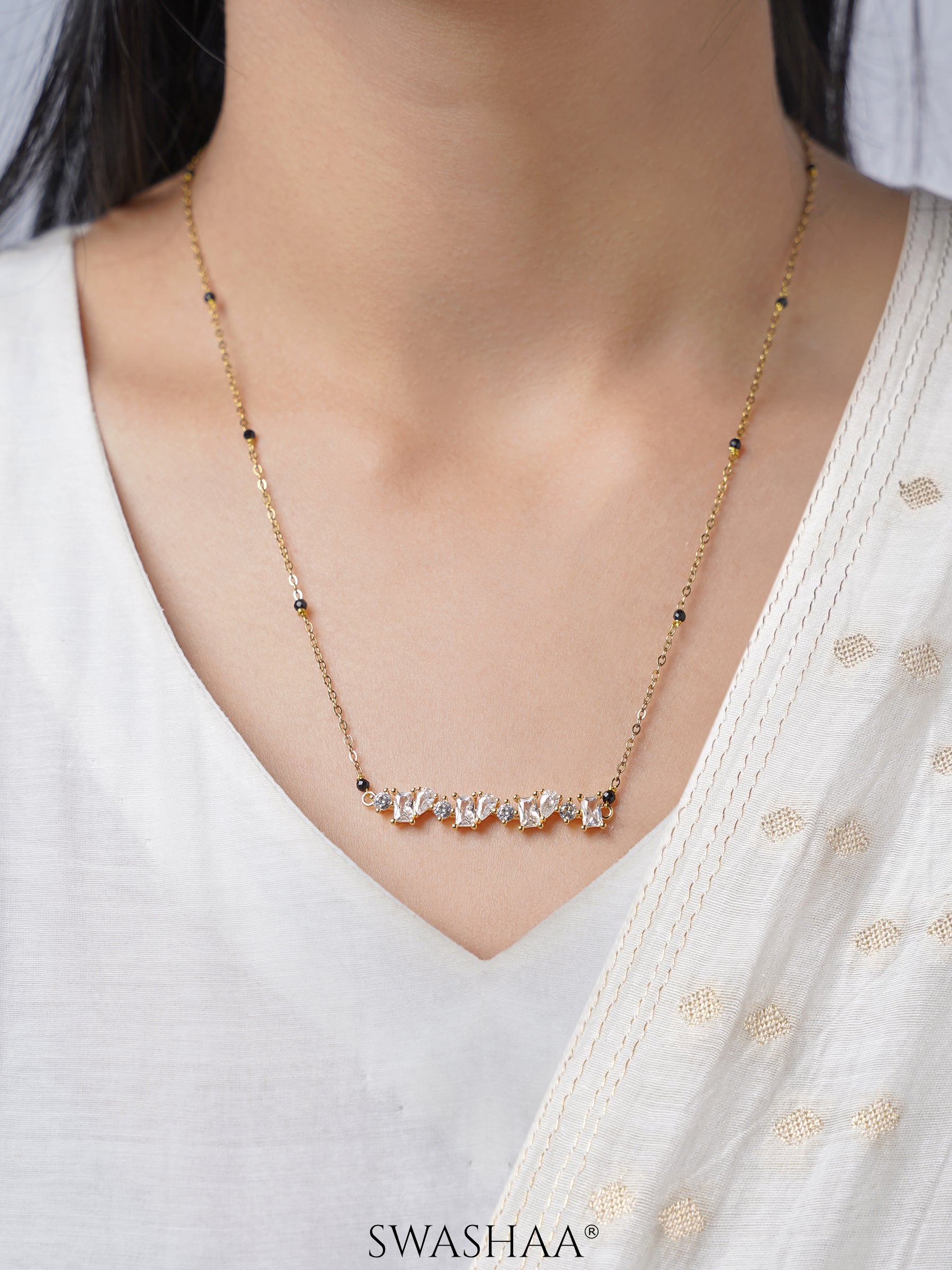 Zivelle Sparkling Diamonds Solitaire Cluster Bar 18K Gold Plated Mangalsutra