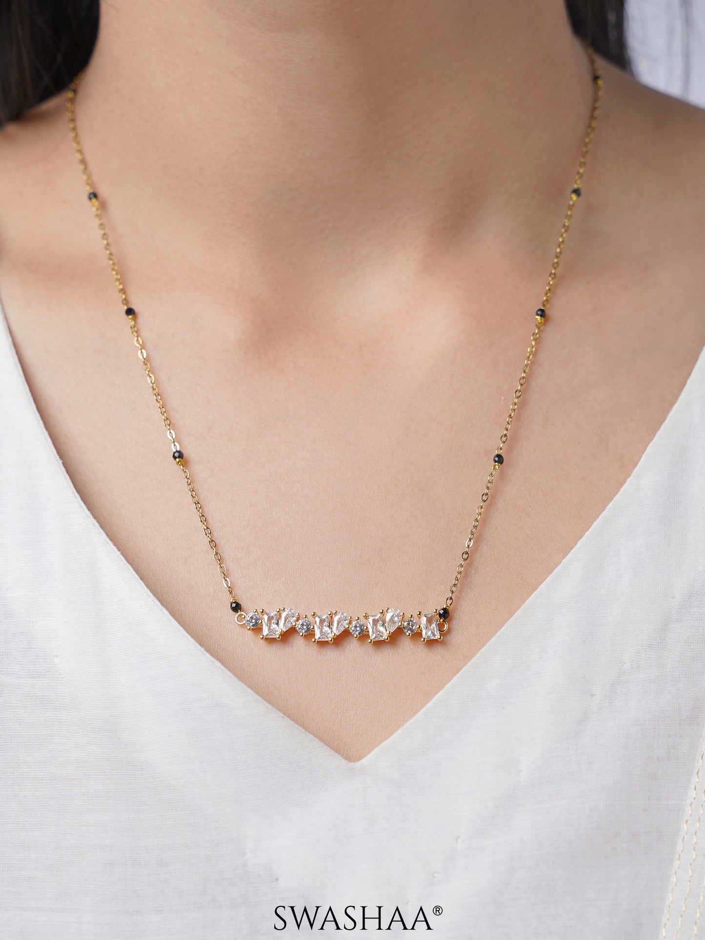 Zivelle Sparkling Diamonds Solitaire Cluster Bar 18K Gold Plated Mangalsutra