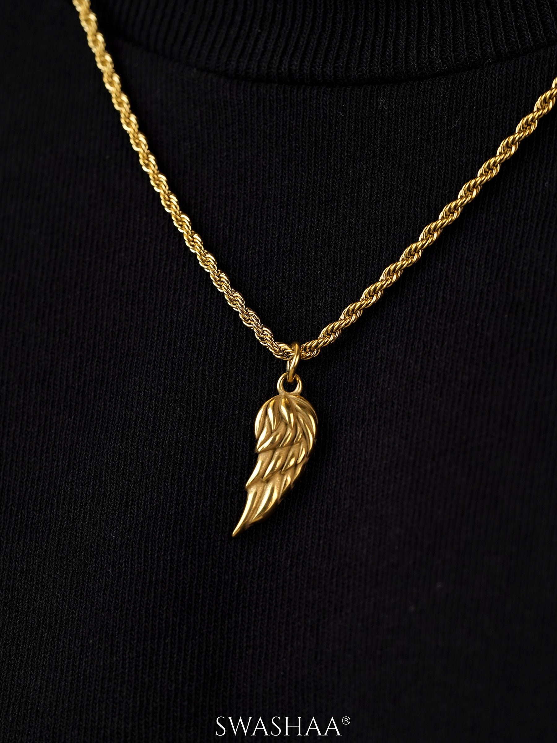 Ziven Feather Wing Twisted Rope 18K Gold Plated Men's Chain Pendant