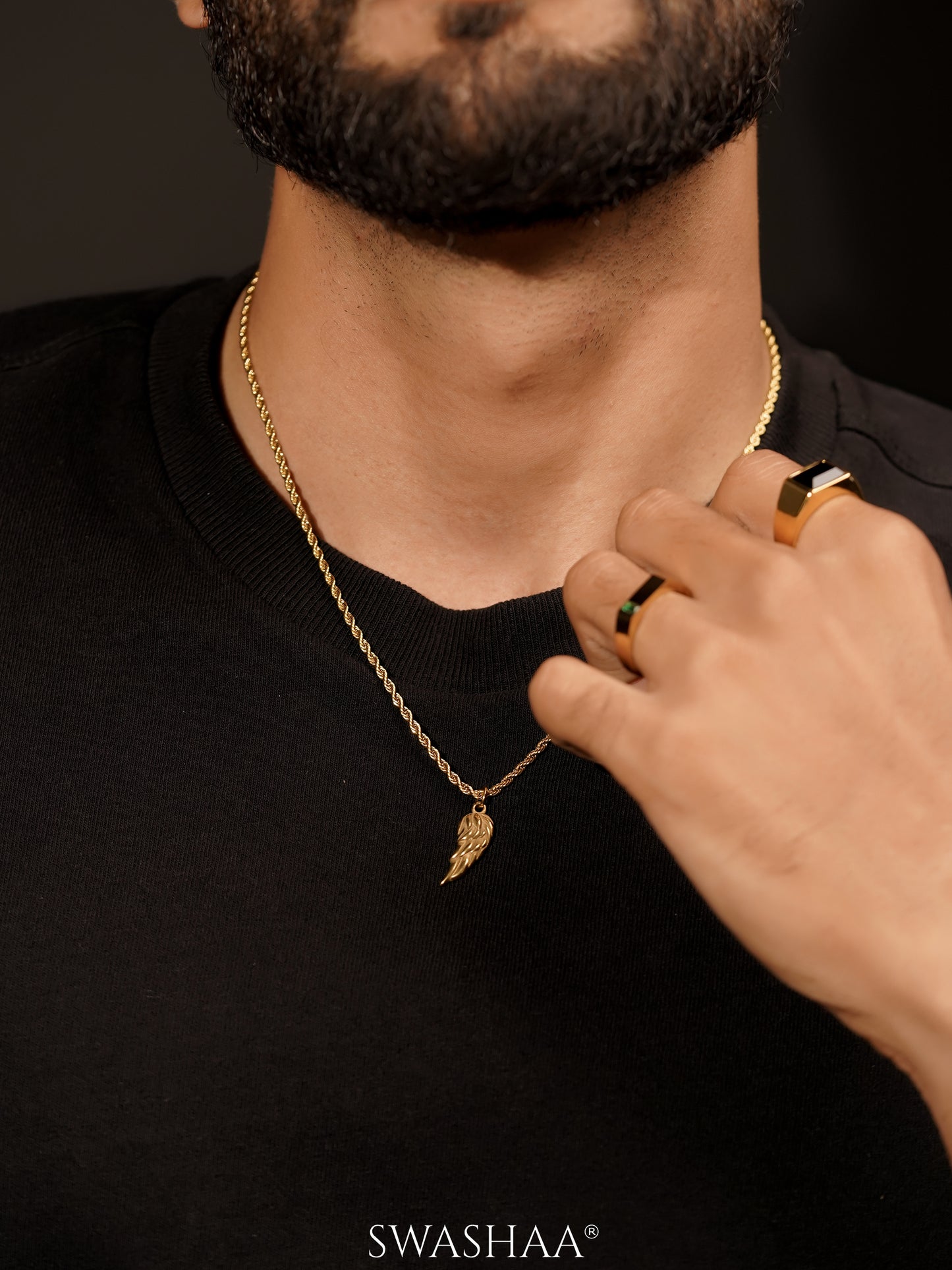 Ziven Feather Wing Twisted Rope 18K Gold Plated Men's Chain Pendant