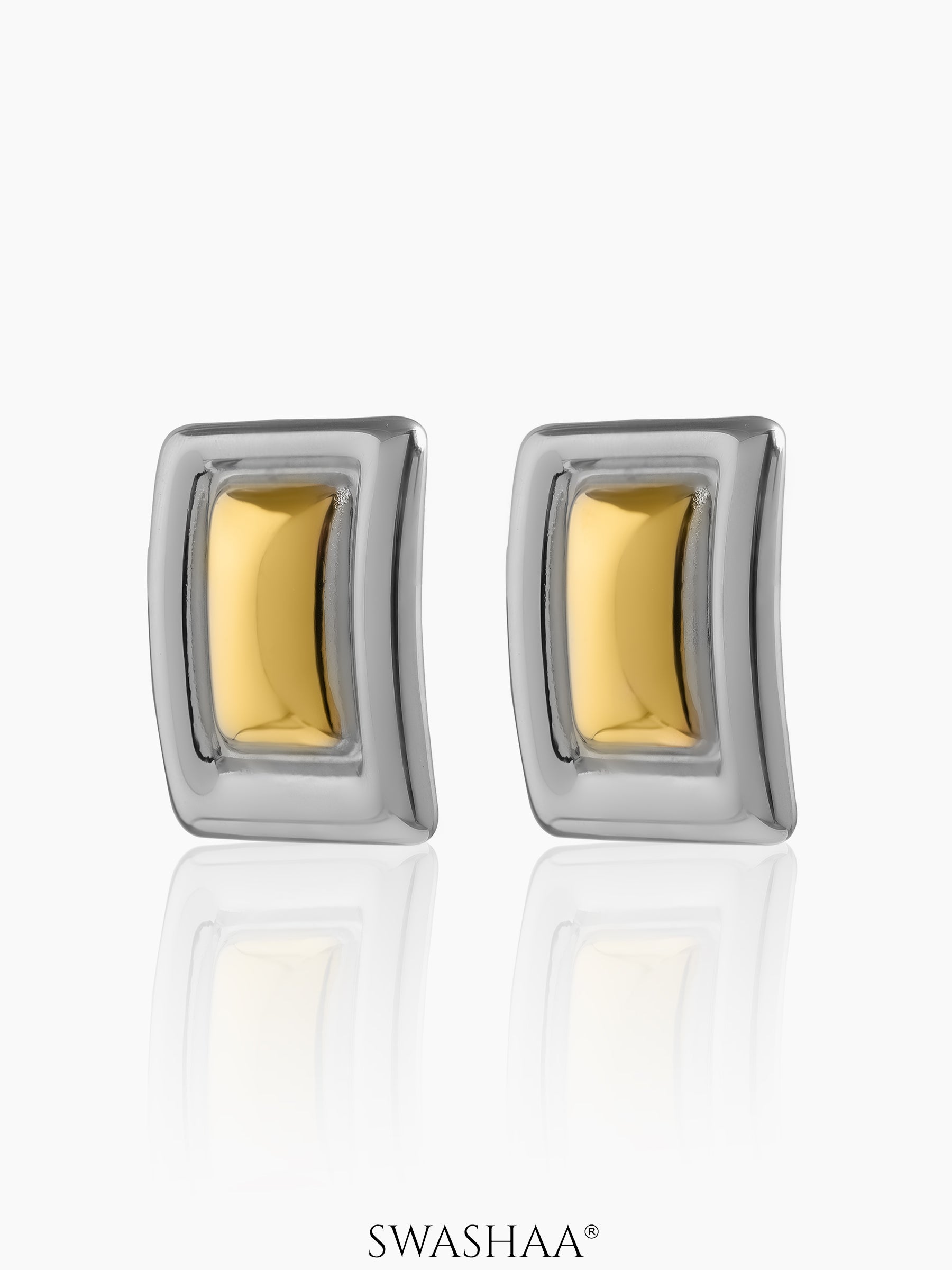 Zohra Square Frame Two Tone 18K Gold Plated Stud Earrings