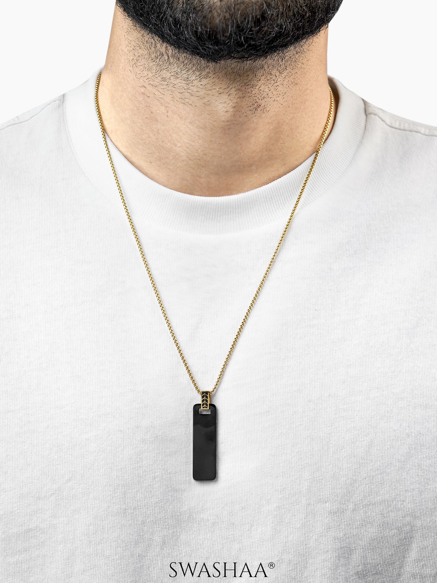 Zoren Black Tag Bar 18K Gold Plated Men's Chain Pendant