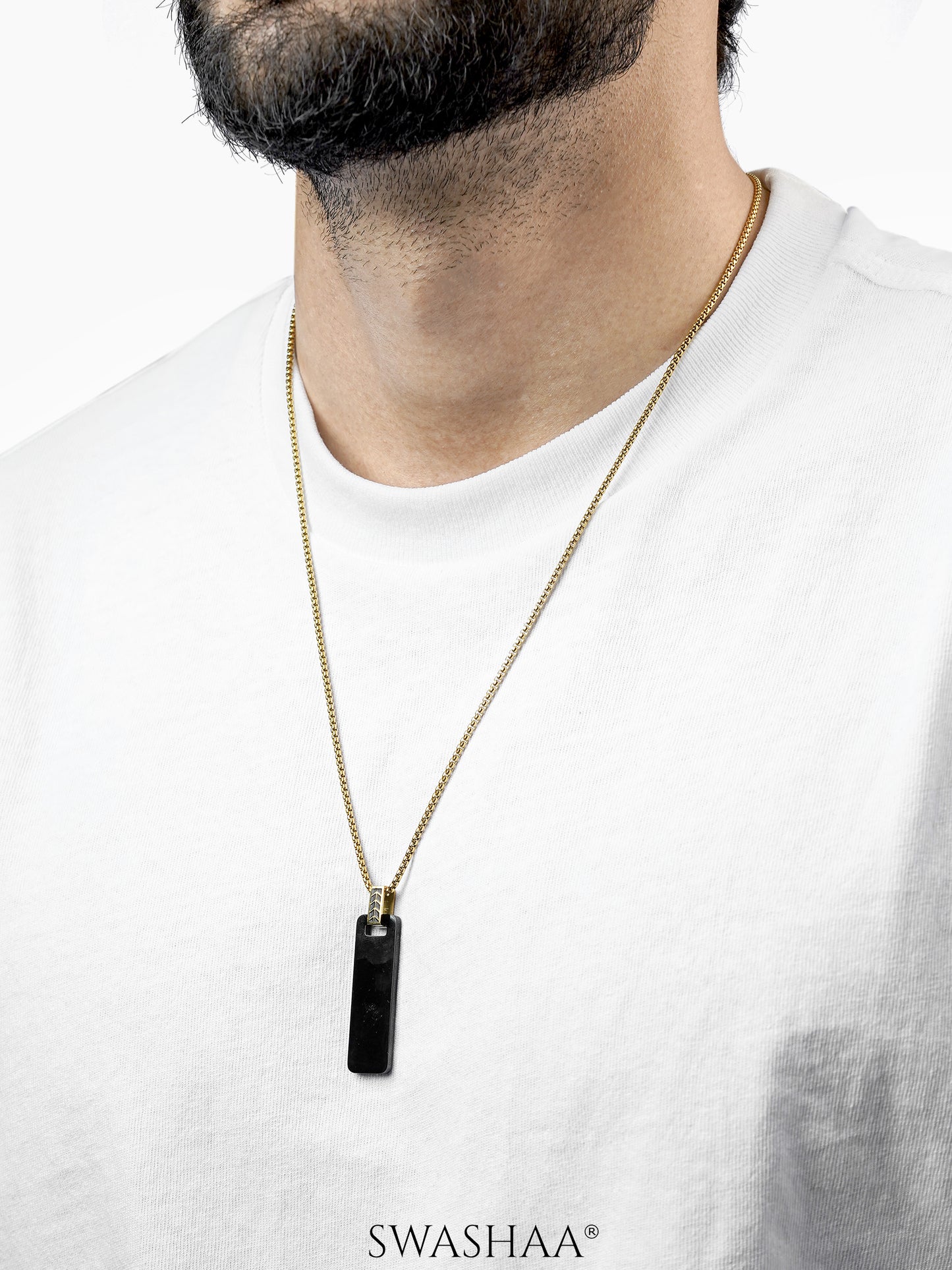 Zoren Black Tag Bar 18K Gold Plated Men's Chain Pendant