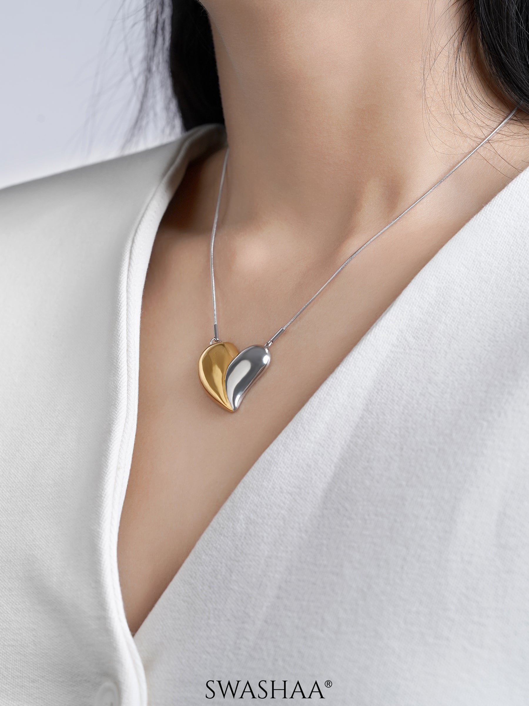 Zovia Heart Two Tone Charm 18K Gold Plated - Silver Chain Pendant Necklace