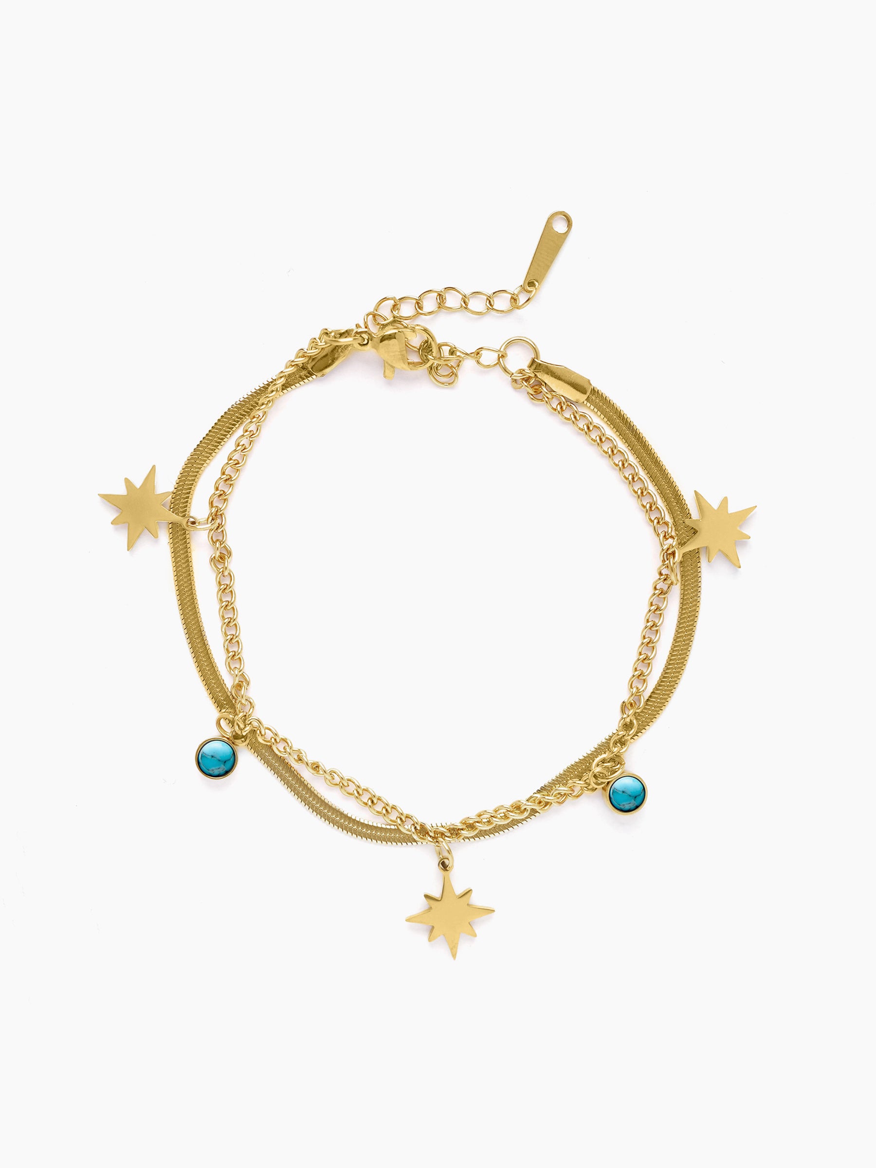 Zoya Star Dangling Turquoise Beads Charms 18K Gold Plated Layered Snake Chain Loose Bracelet