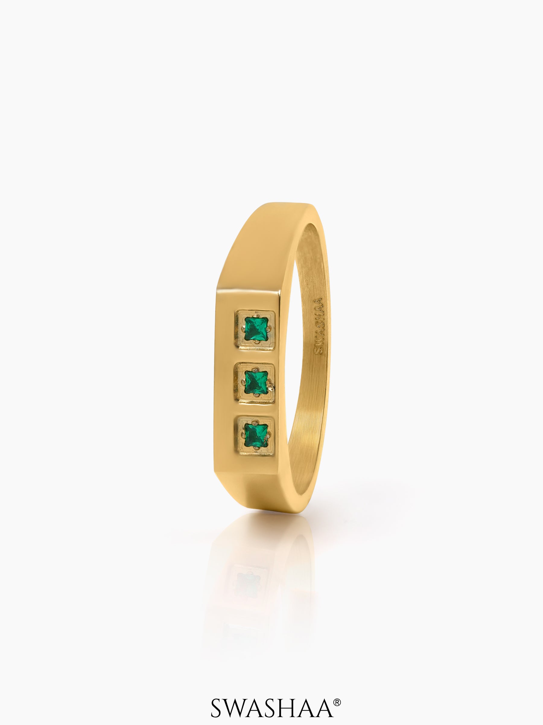Zyro Trigreen Square Emerald Diamond Signet Band Men's Ring