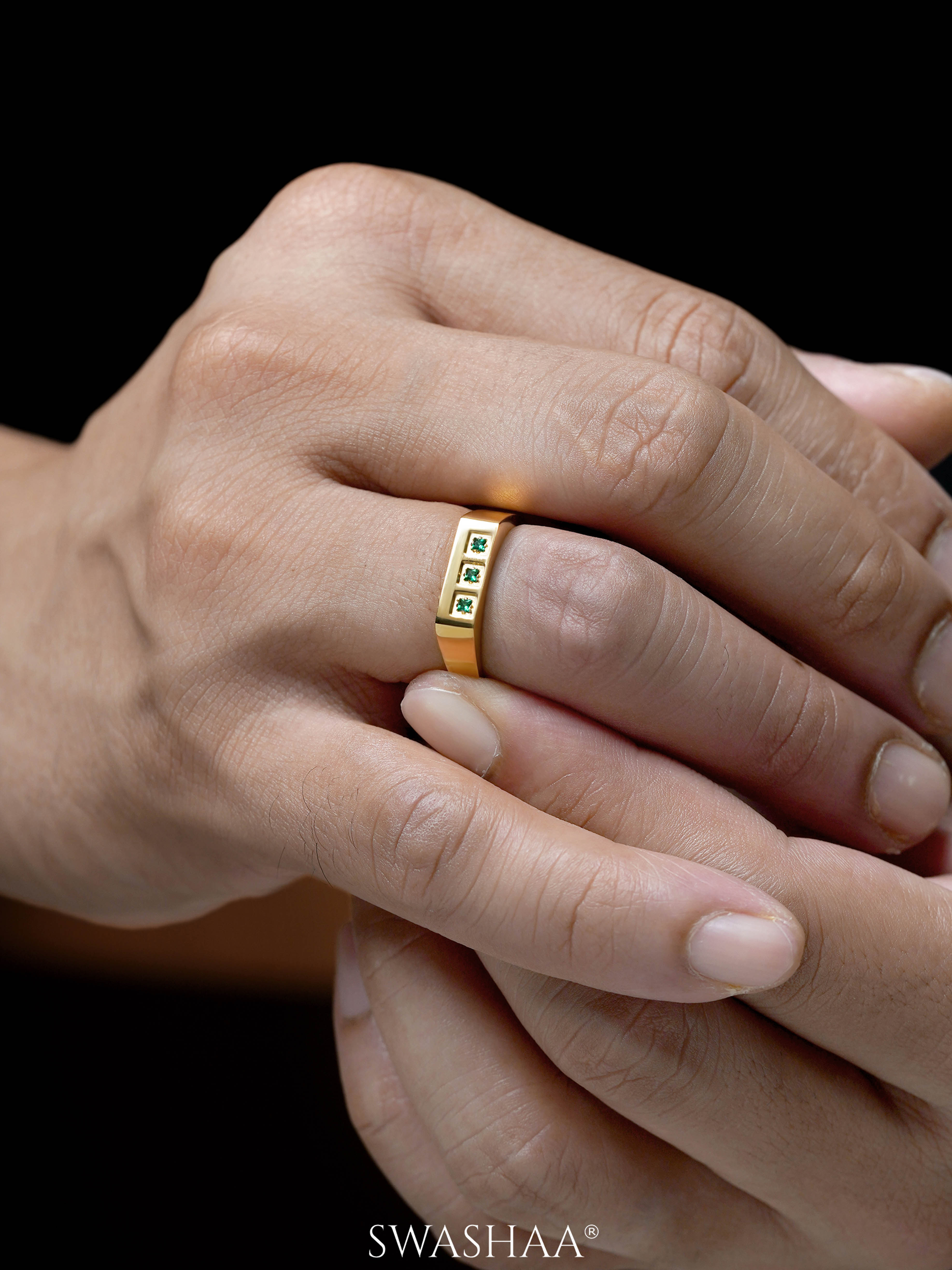 Zyro Trigreen Square Emerald Diamond Signet Band Men's Ring