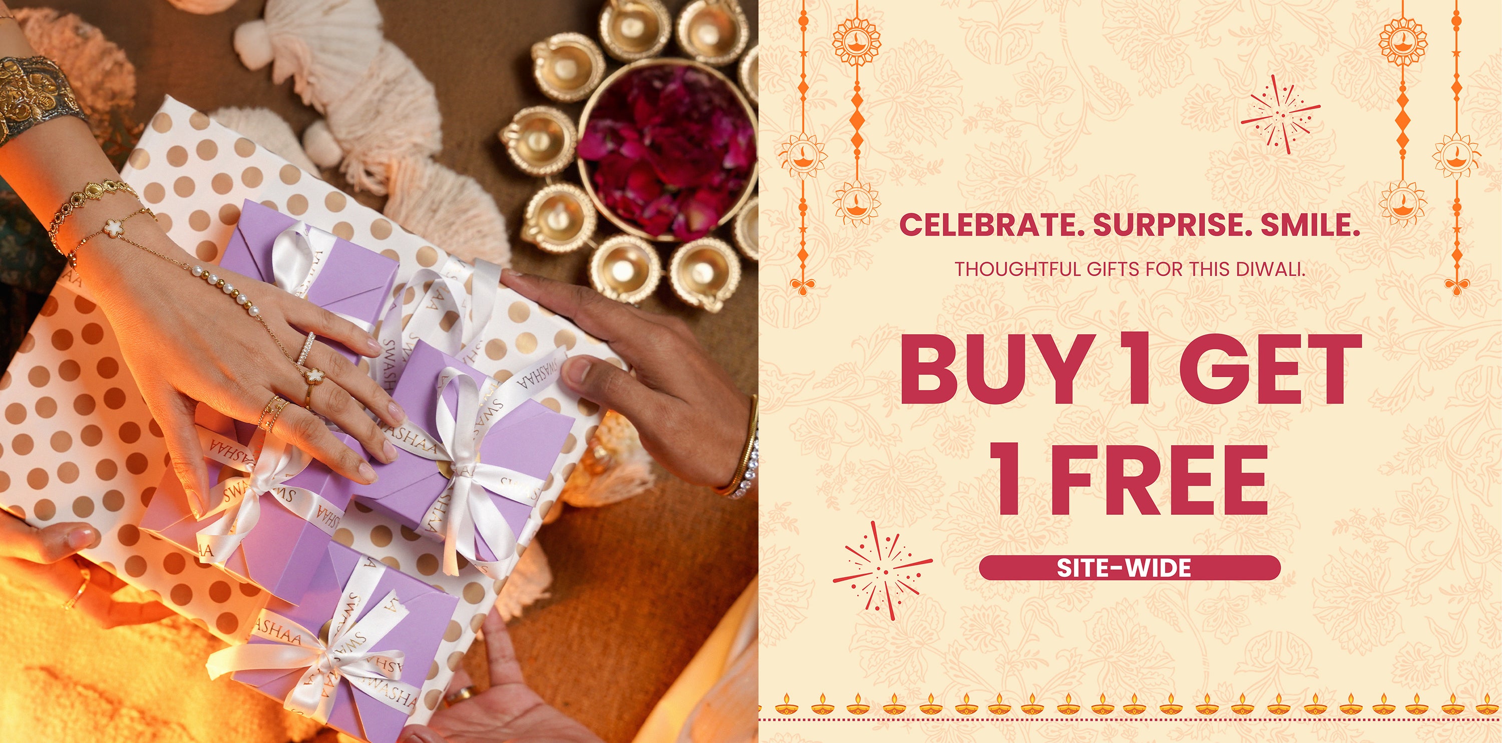 Diwali gifting banner showing Swashaa purple boxes, festive decor, and Buy 1 Get 1 Free sitewide sale.