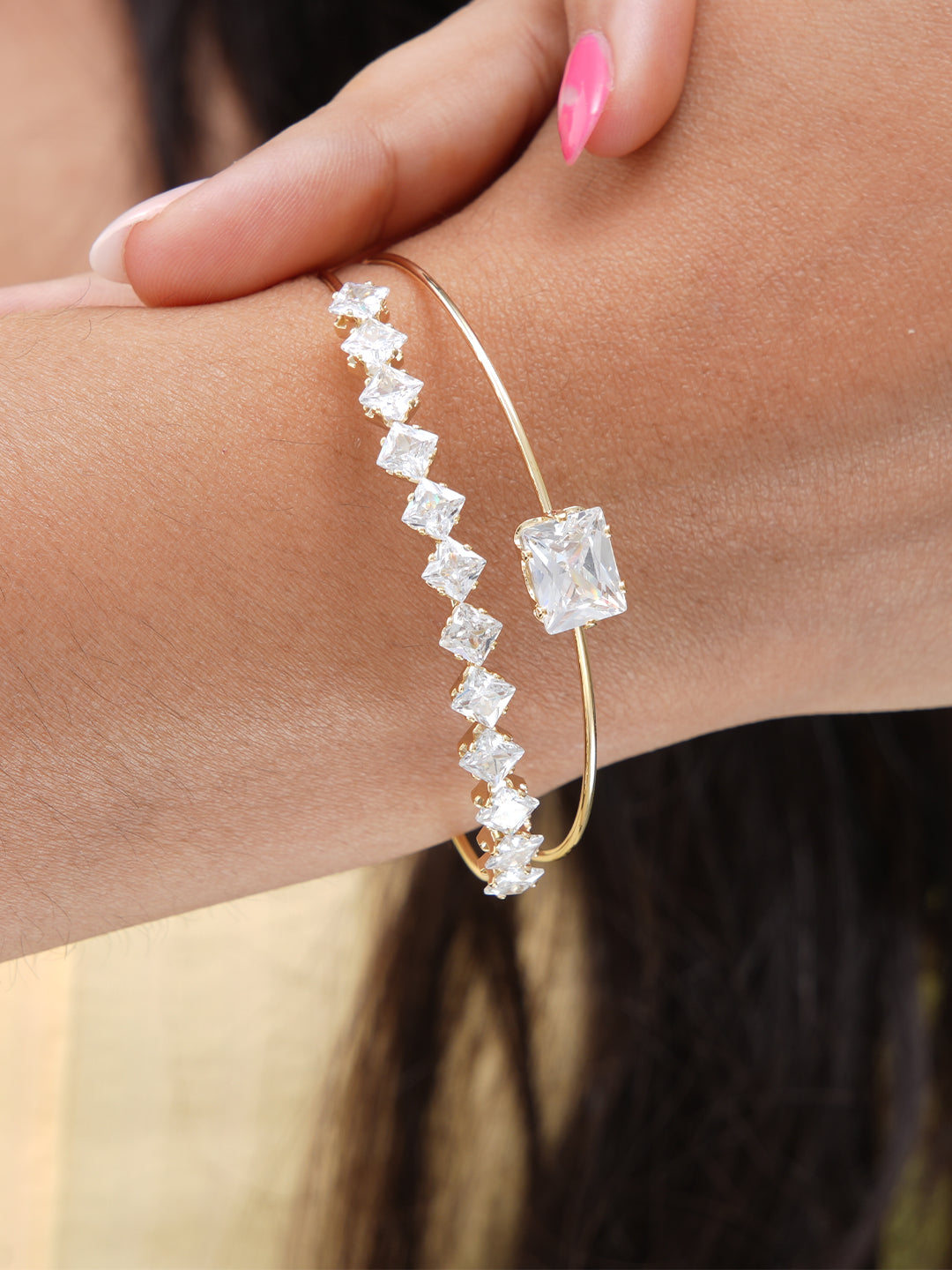 Tabitha Two Layered Diamonds 18K Gold Plated Cuff Bracelet