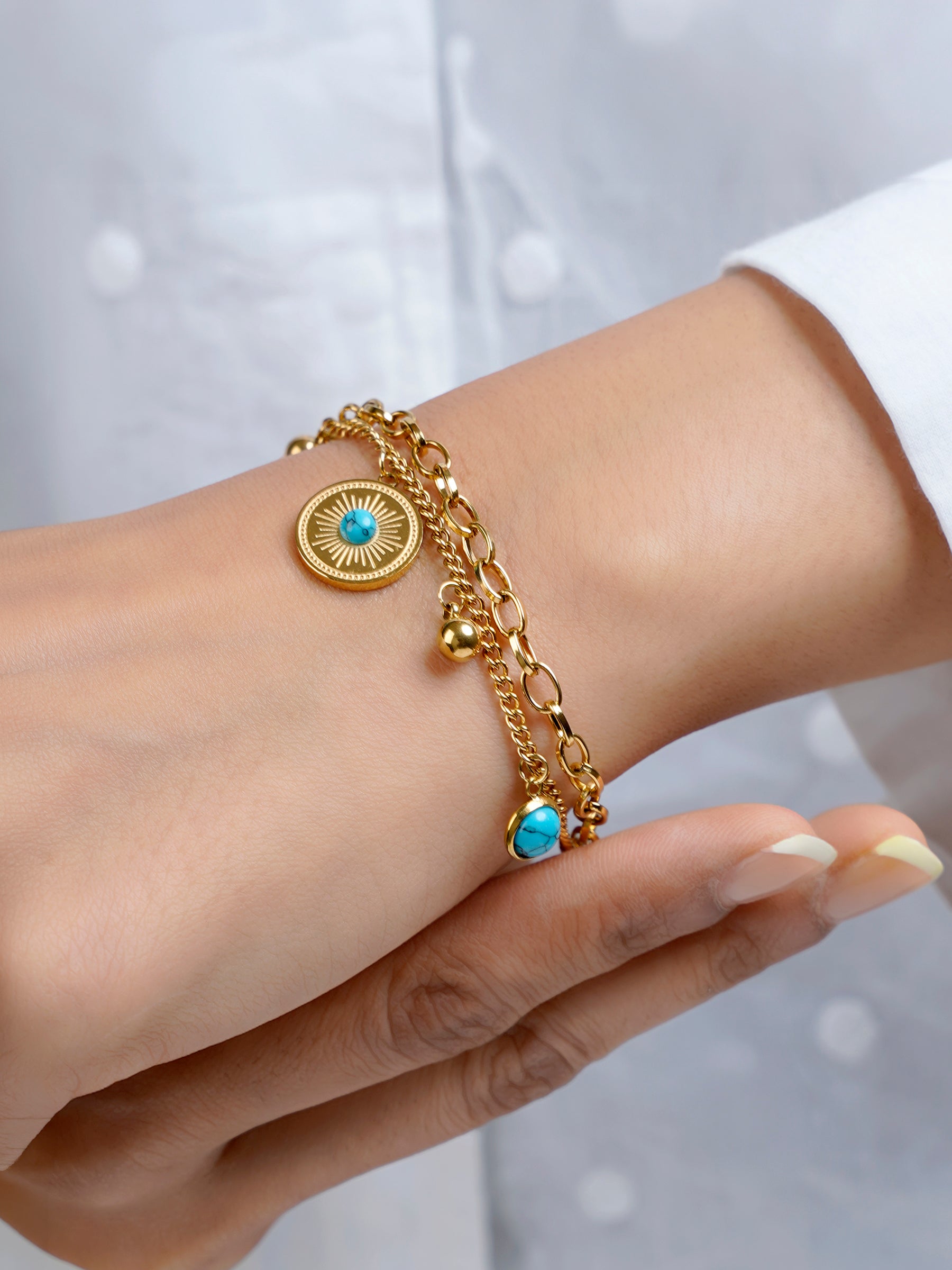 Aahana Layered Turquoise Eye Gold Beads Charms 18K Gold Plated Loose Chain Bracelet