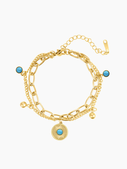 Aahana Layered Turquoise Eye Gold Beads Charms 18K Gold Plated Loose Chain Bracelet