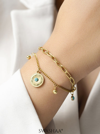 Aahana Layered Turquoise Eye Gold Beads Charms 18K Gold Plated Loose Chain Bracelet