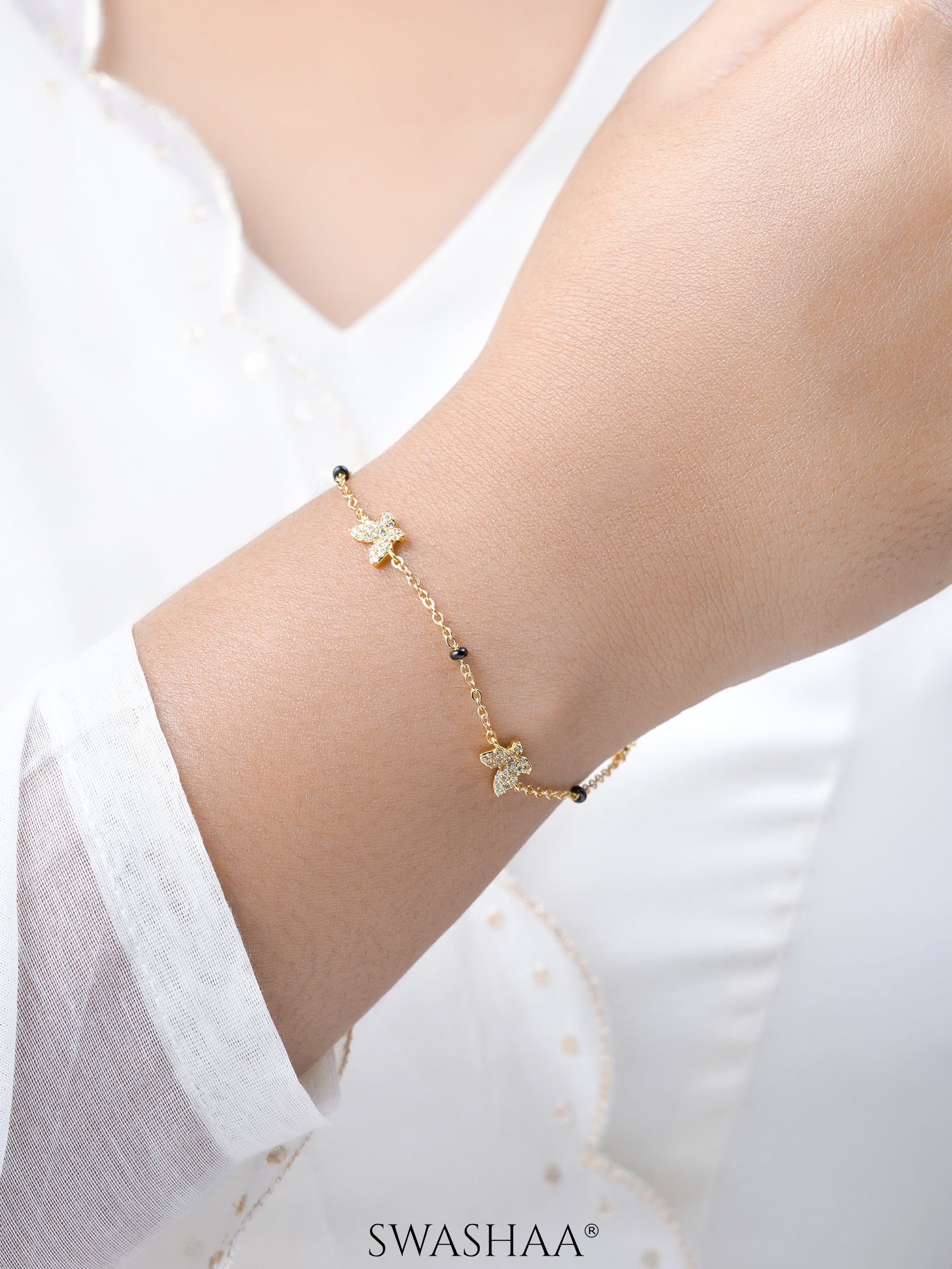 Aarini Butterfly Motifs Shimmering CZ Diamond 18K Gold Plated Mangalsutra Bracelet