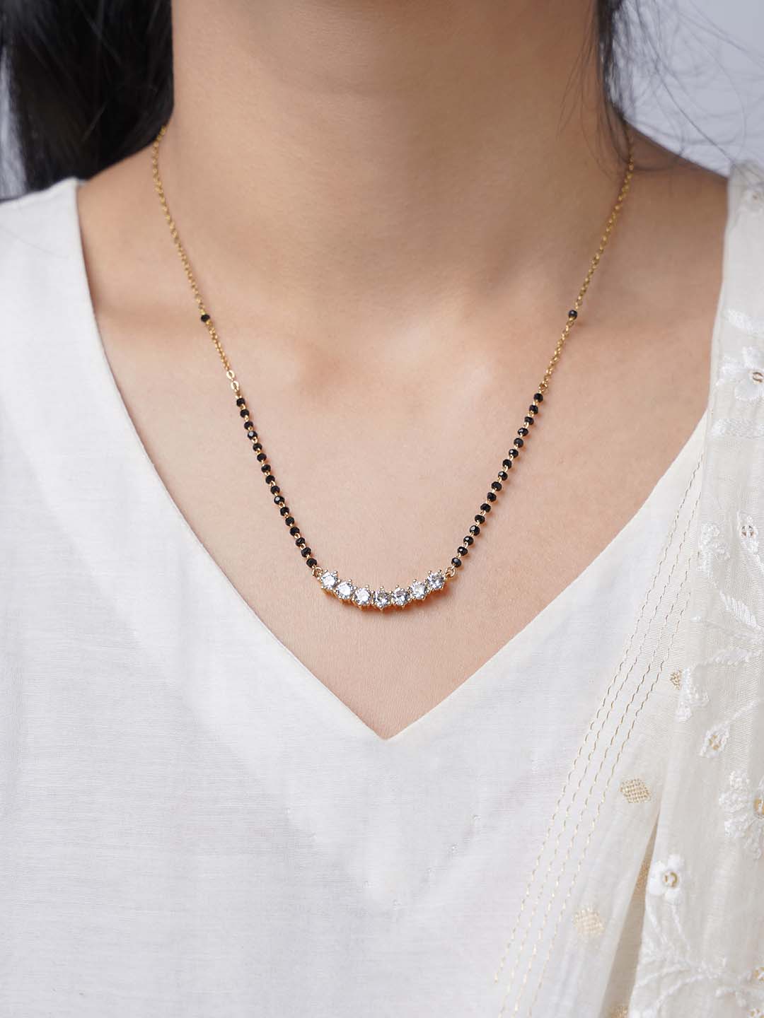 Aarna Diamond Solitaire 14K Gold Plated Mangalsutra Jewelry Set Of 2 - Necklace & Earrings