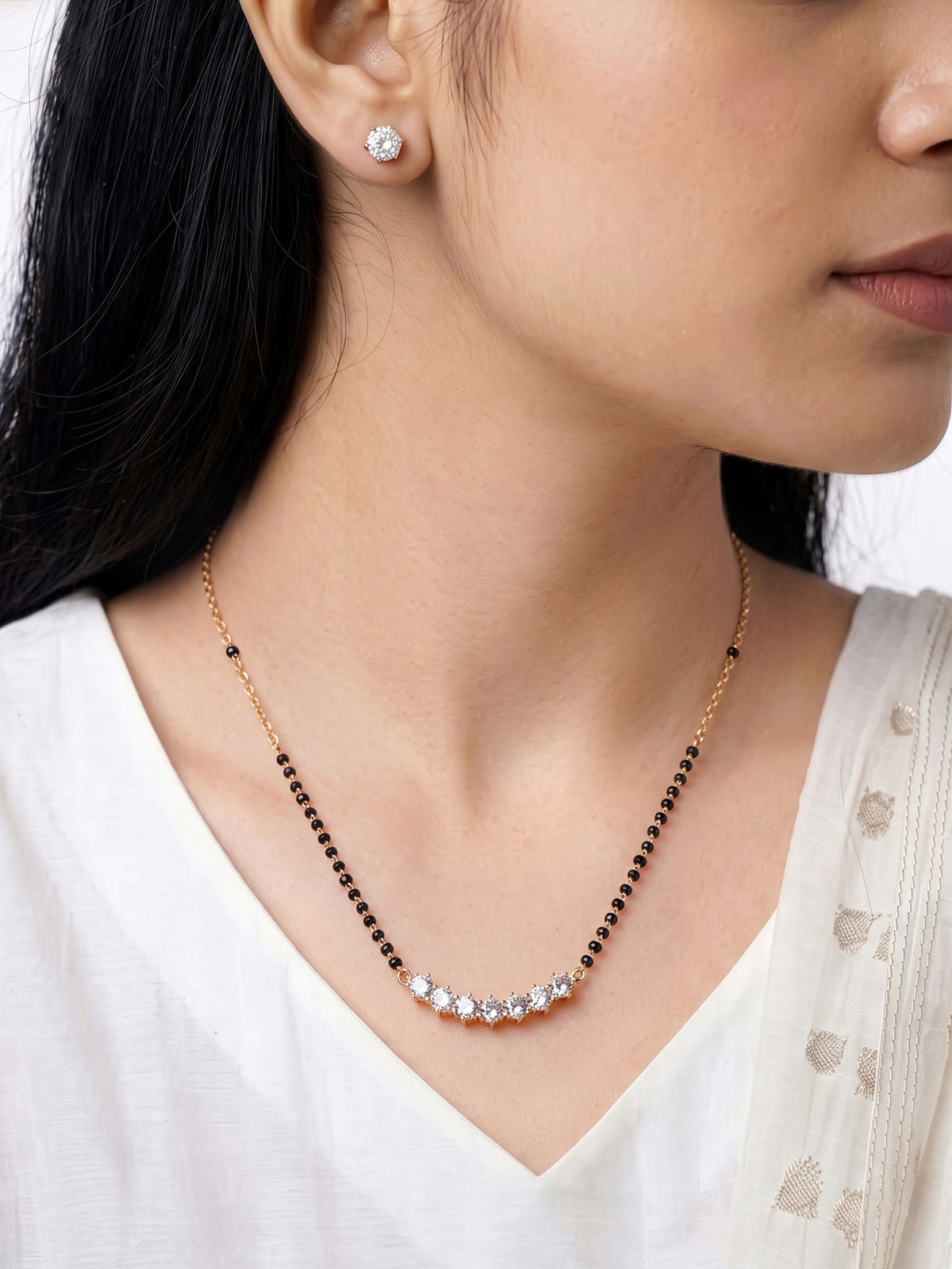 Aarna Diamond Solitaire 14K Gold Plated Mangalsutra Jewelry Set Of 2 - Necklace & Earrings