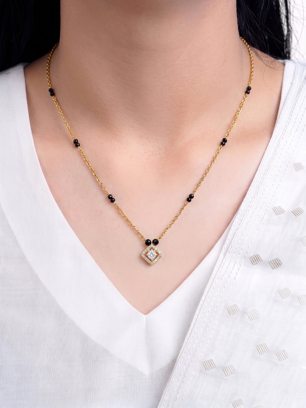 Aashvi Diamond Solitaire 18K Gold Plated  Women's Chain Pendant Mangalsutra Necklace