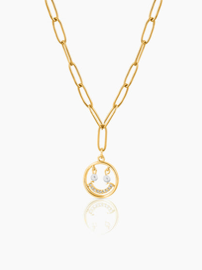Abra Diamond Smirk Charm Link Chain 18K Gold Plated Chain Pendant Necklace