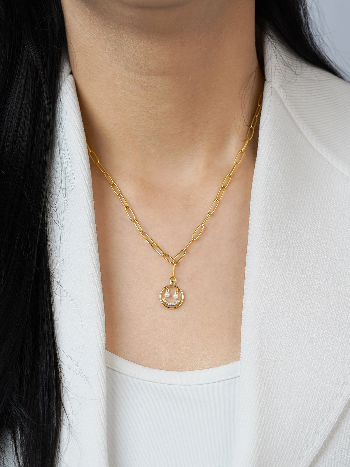 Abra Diamond Smirk Charm Link Chain 18K Gold Plated Chain Pendant Necklace