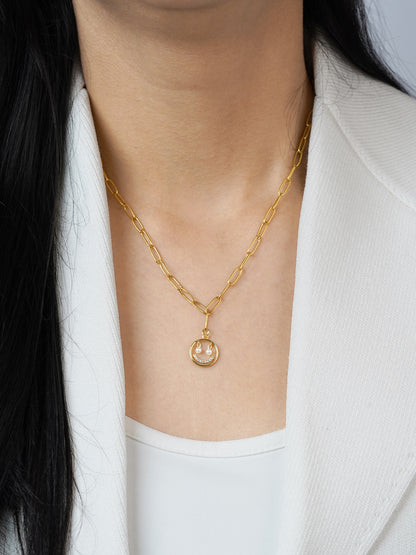 Abra Diamond Smirk Charm Link Chain 18K Gold Plated Chain Pendant Necklace