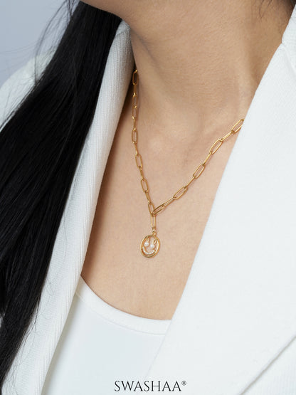 Abra Diamond Smirk Charm Link Chain 18K Gold Plated Chain Pendant Necklace