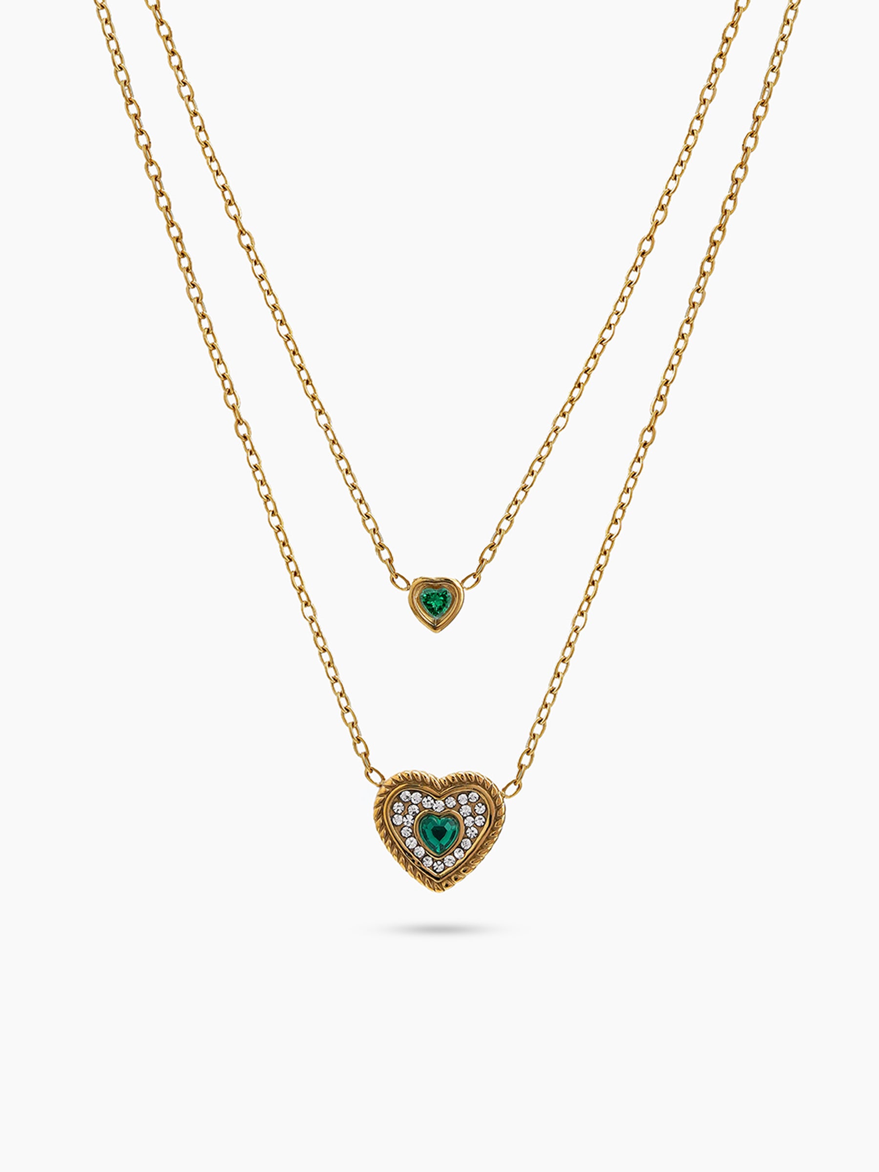 Adeline Heart Diamond Green Stone 18K Gold Plated Women's Layered Necklace