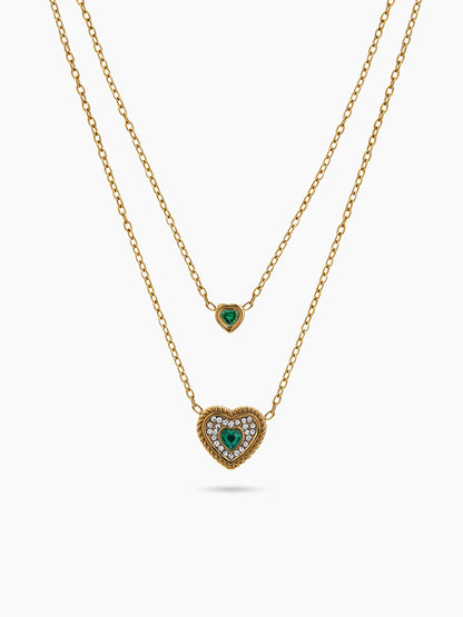 Adeline Heart Diamond Green Stone 18K Gold Plated Women's Layered Necklace
