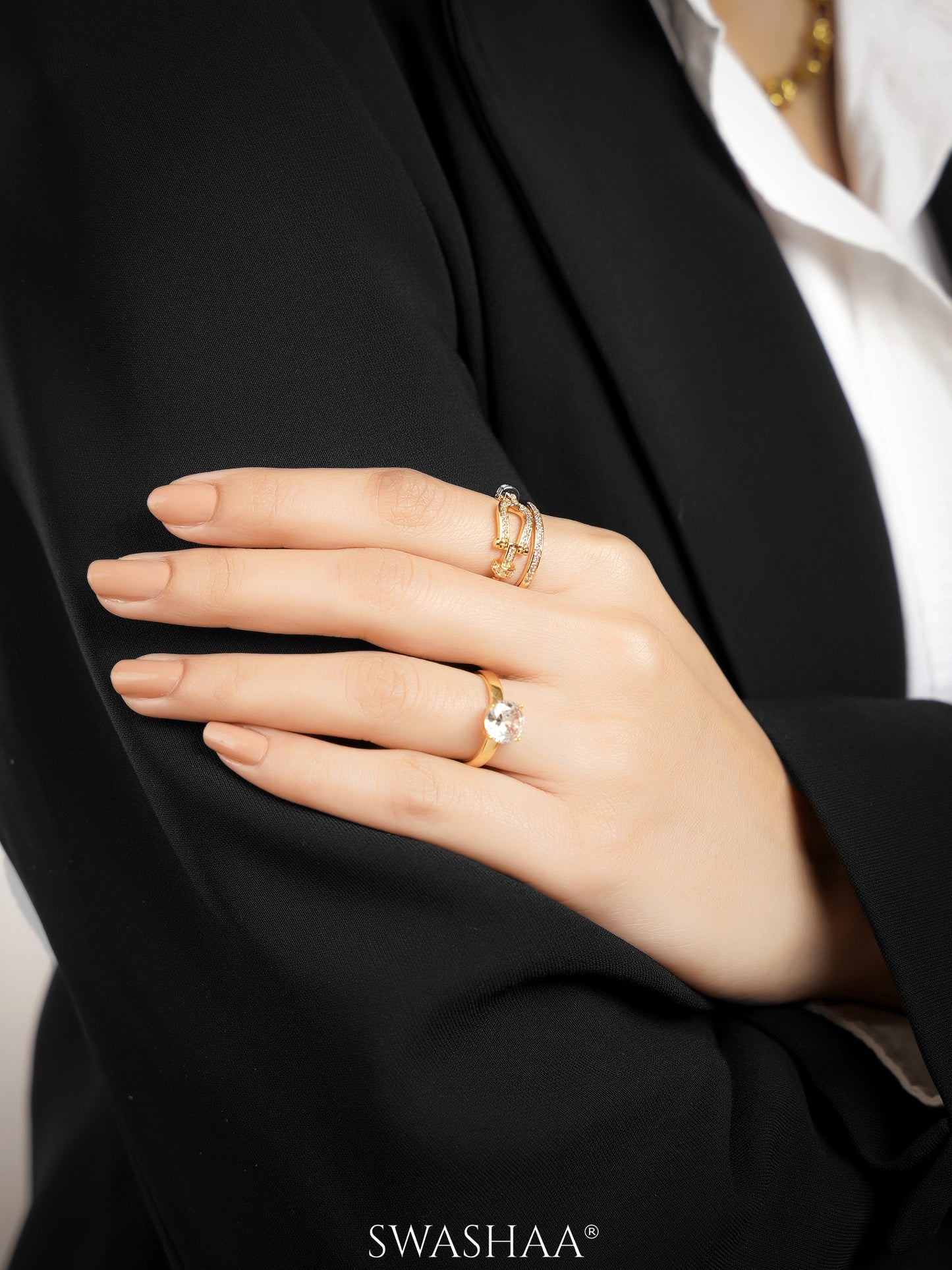 Levi Hollow Frame 18K Gold Plated Ring, Adia Round Diamond Solitaire 18K Gold Plated Ring
