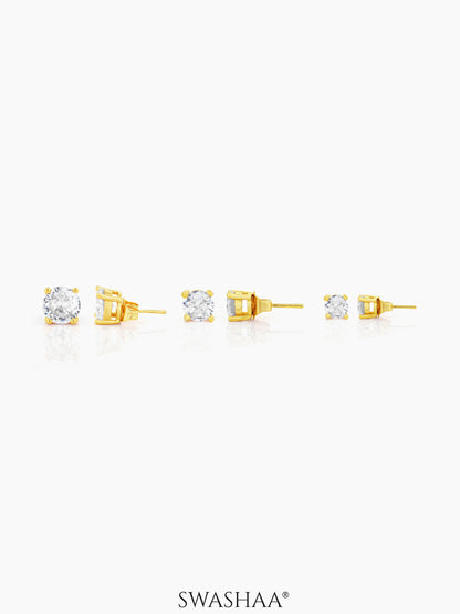 Adia Round Diamond Cut Solitaire 18K Gold Plated Stud Earrings